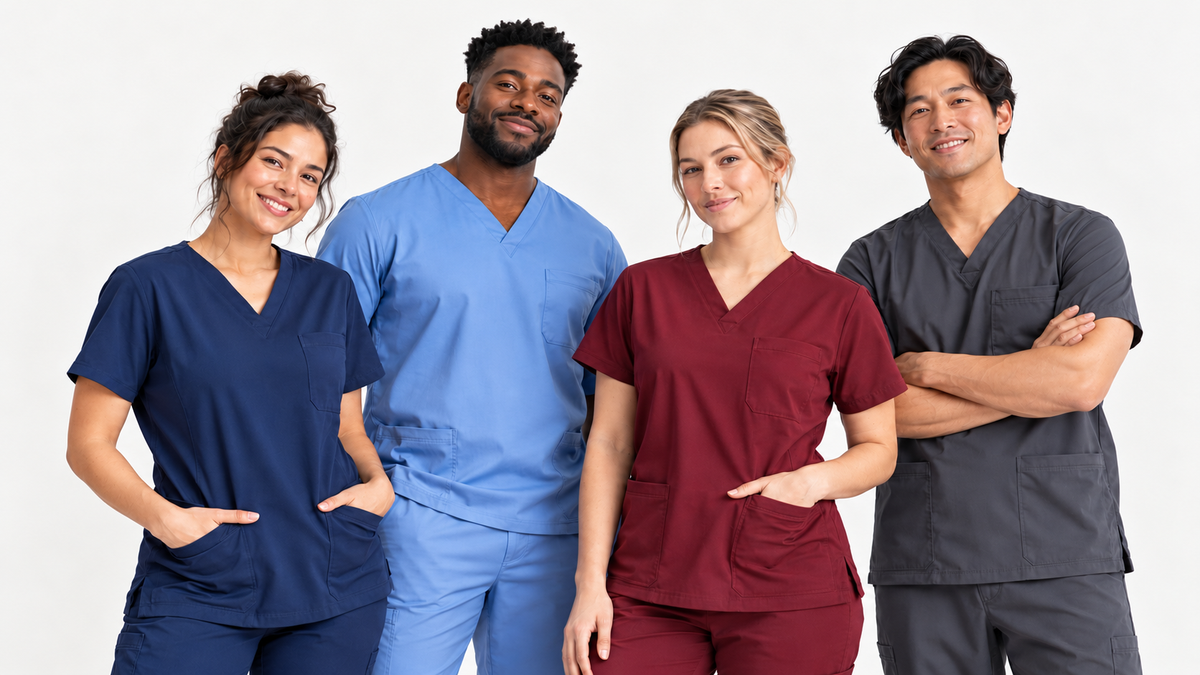 Illustrative group portrait of healthcare professionals wearing scrubs in different colors, framed with all heads visible.