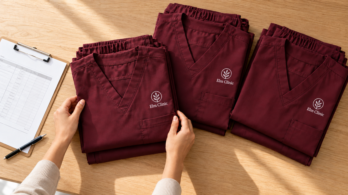 Three folded burgundy scrub sets with matching fictional clinic logos on a wooden table beside an order checklist.