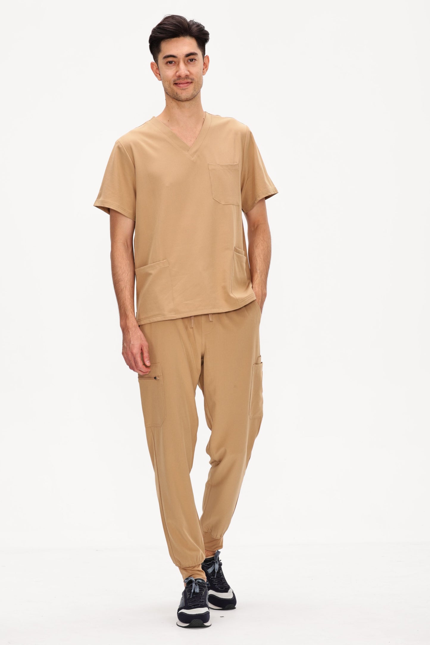 COZYFIT 4 Pockets V-Neck Scrub Top and 7 Pockets Jogger Pants Mens Scrubs Set