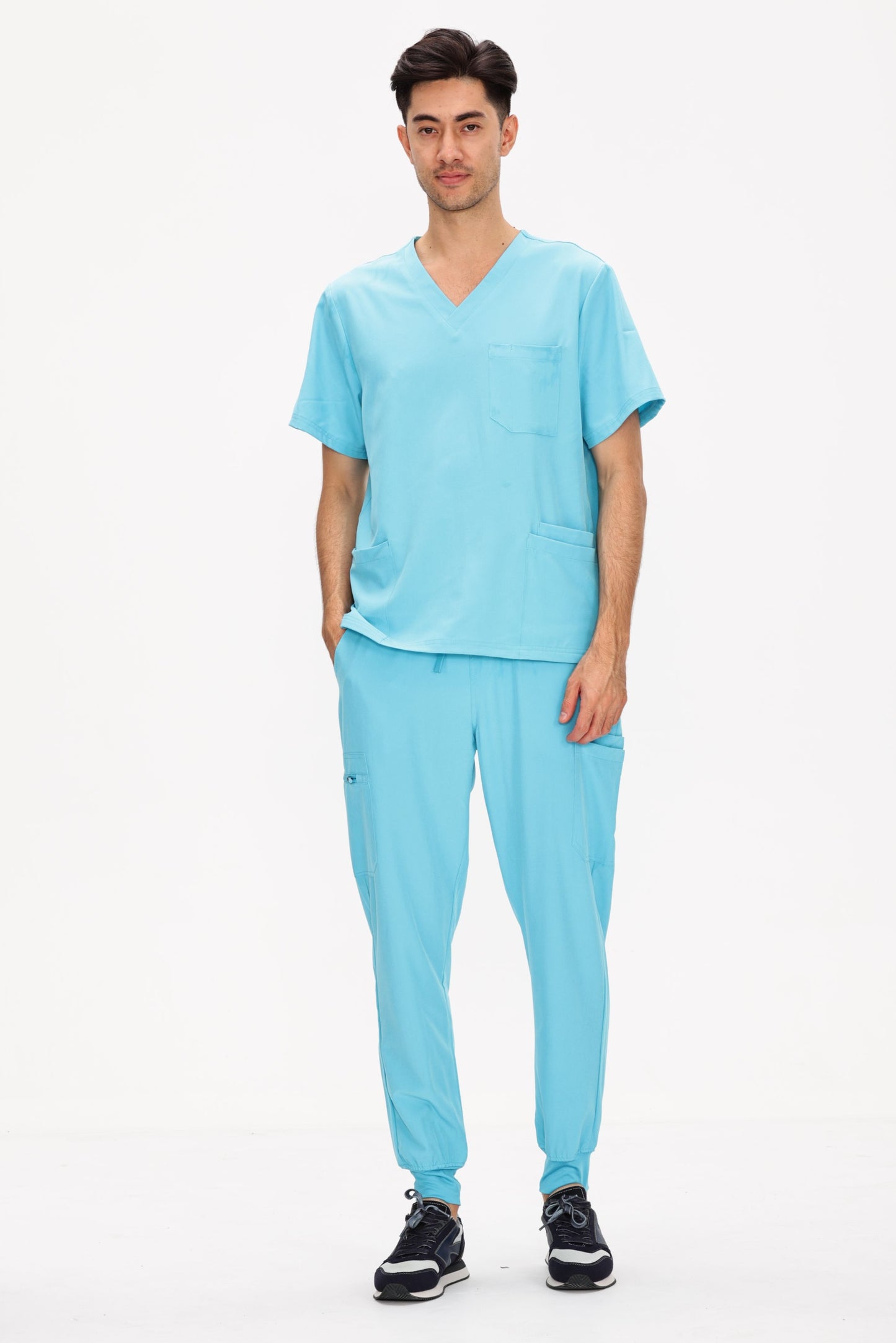 COZYFIT 4 Pockets V-Neck Scrub Top and 7 Pockets Jogger Pants Mens Scrubs Set