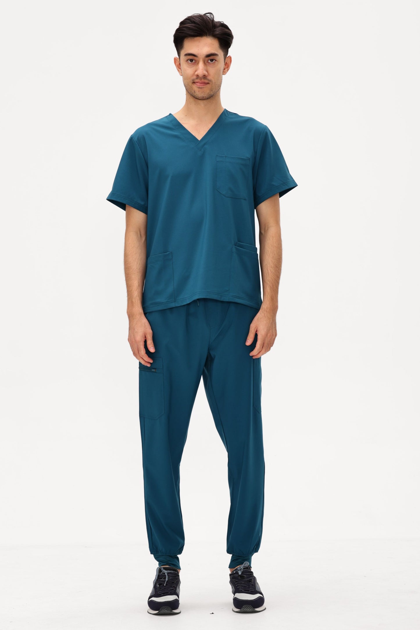 COZYFIT 4 Pockets V-Neck Scrub Top and 7 Pockets Jogger Pants Mens Scrubs Set