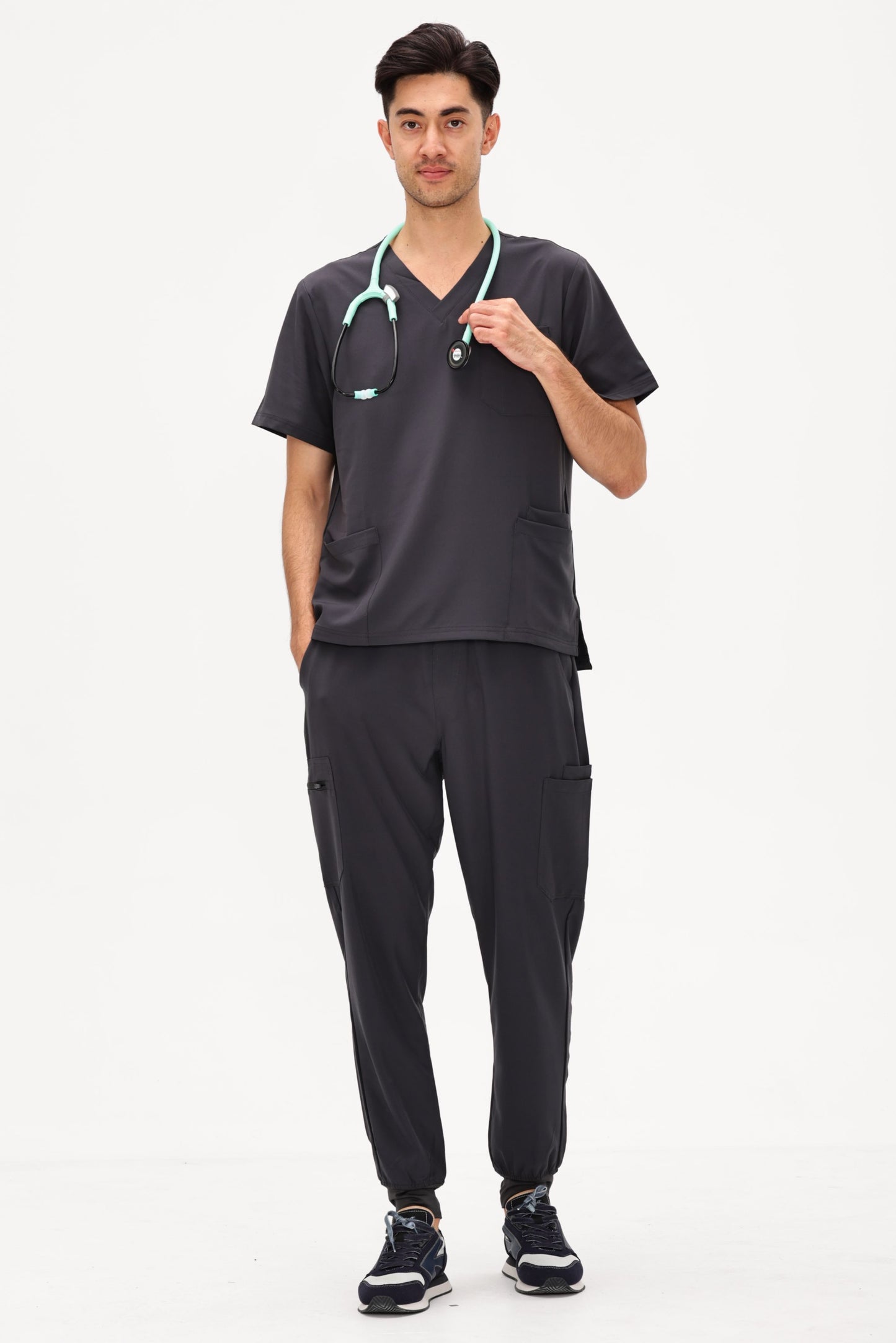 COZYFIT 4 Pockets V-Neck Scrub Top and 7 Pockets Jogger Pants Mens Scrubs Set