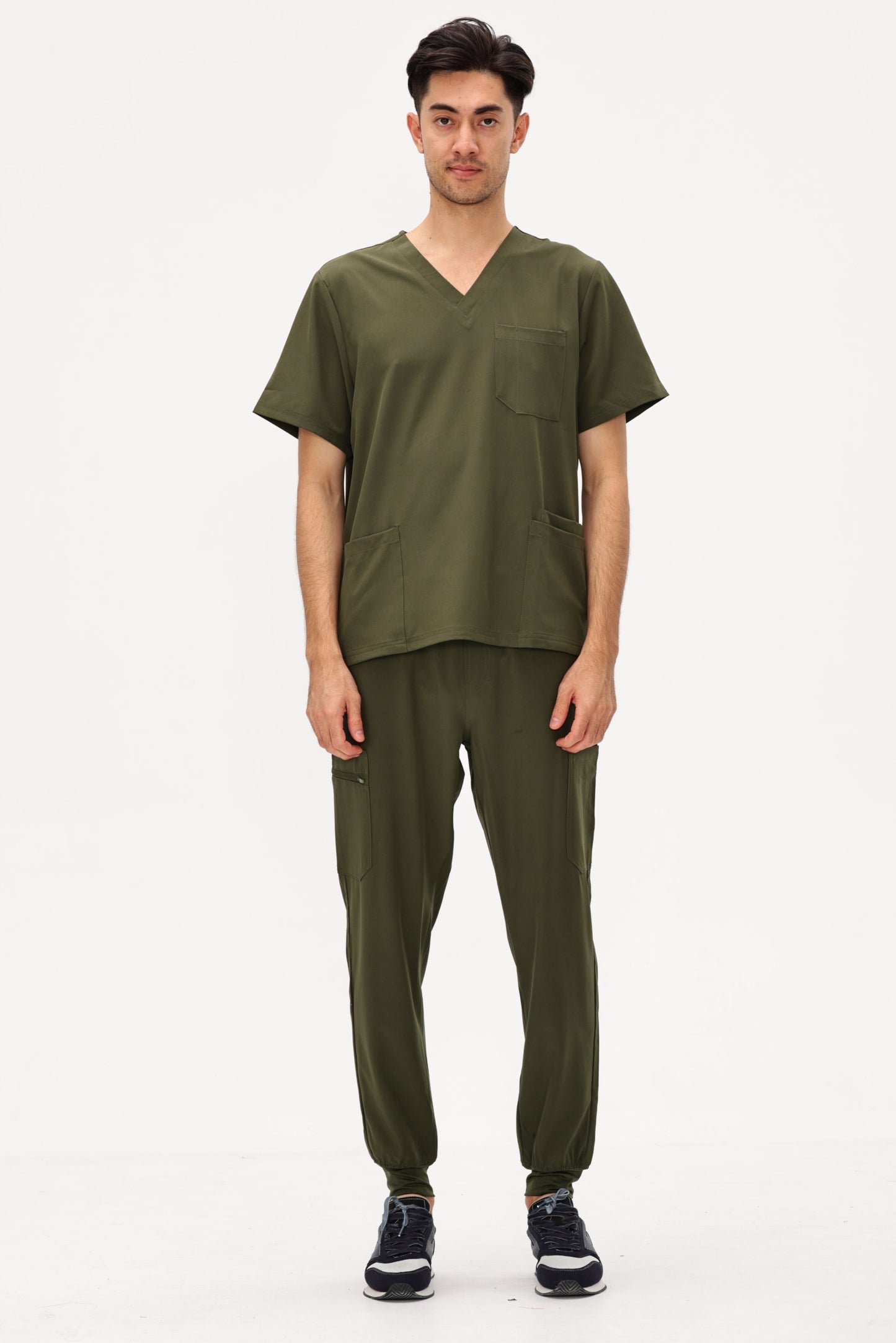 COZYFIT 4 Pockets V-Neck Scrub Top and 7 Pockets Jogger Pants Mens Scrubs Set