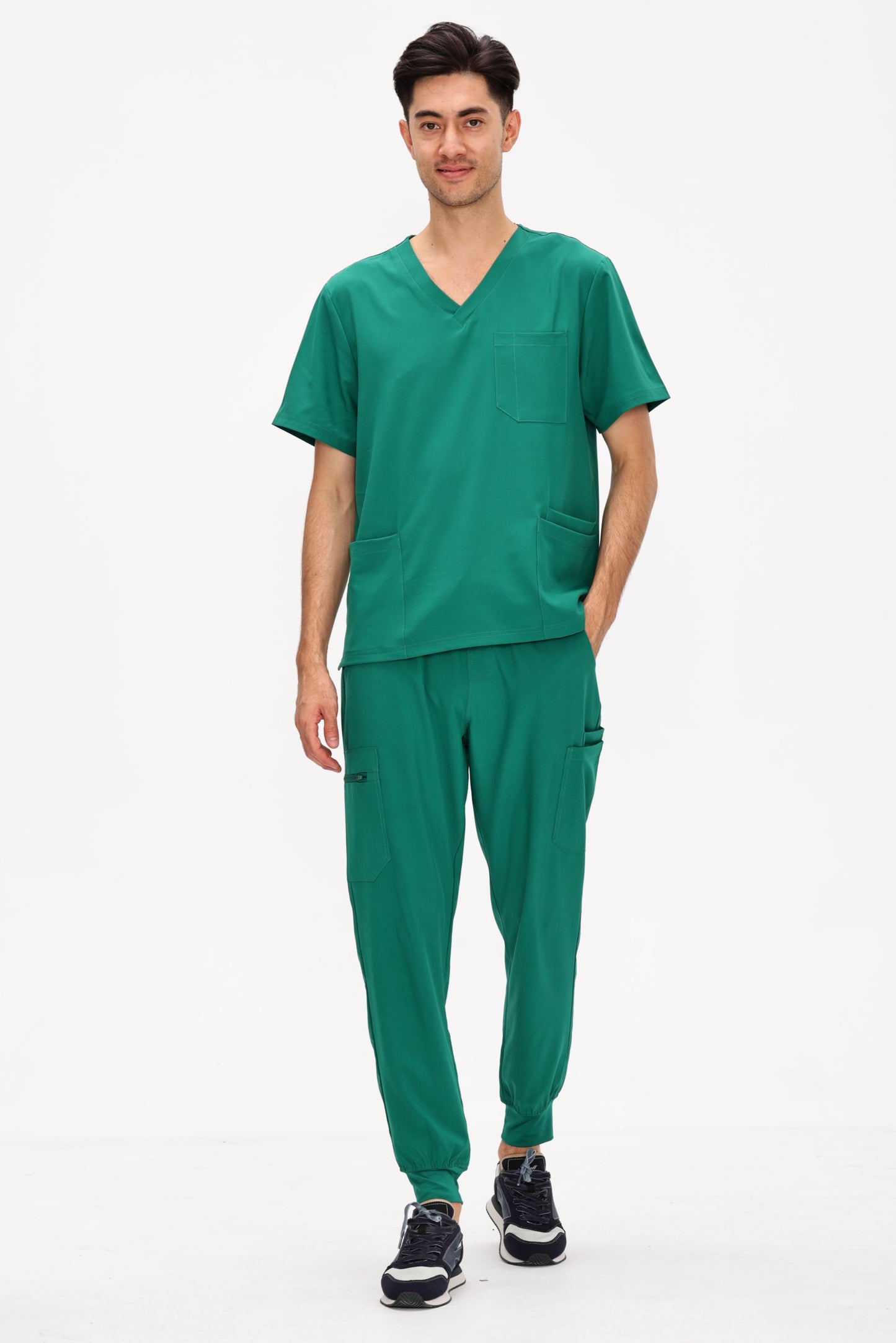 COZYFIT 4 Pockets V-Neck Scrub Top and 7 Pockets Jogger Pants Mens Scrubs Set