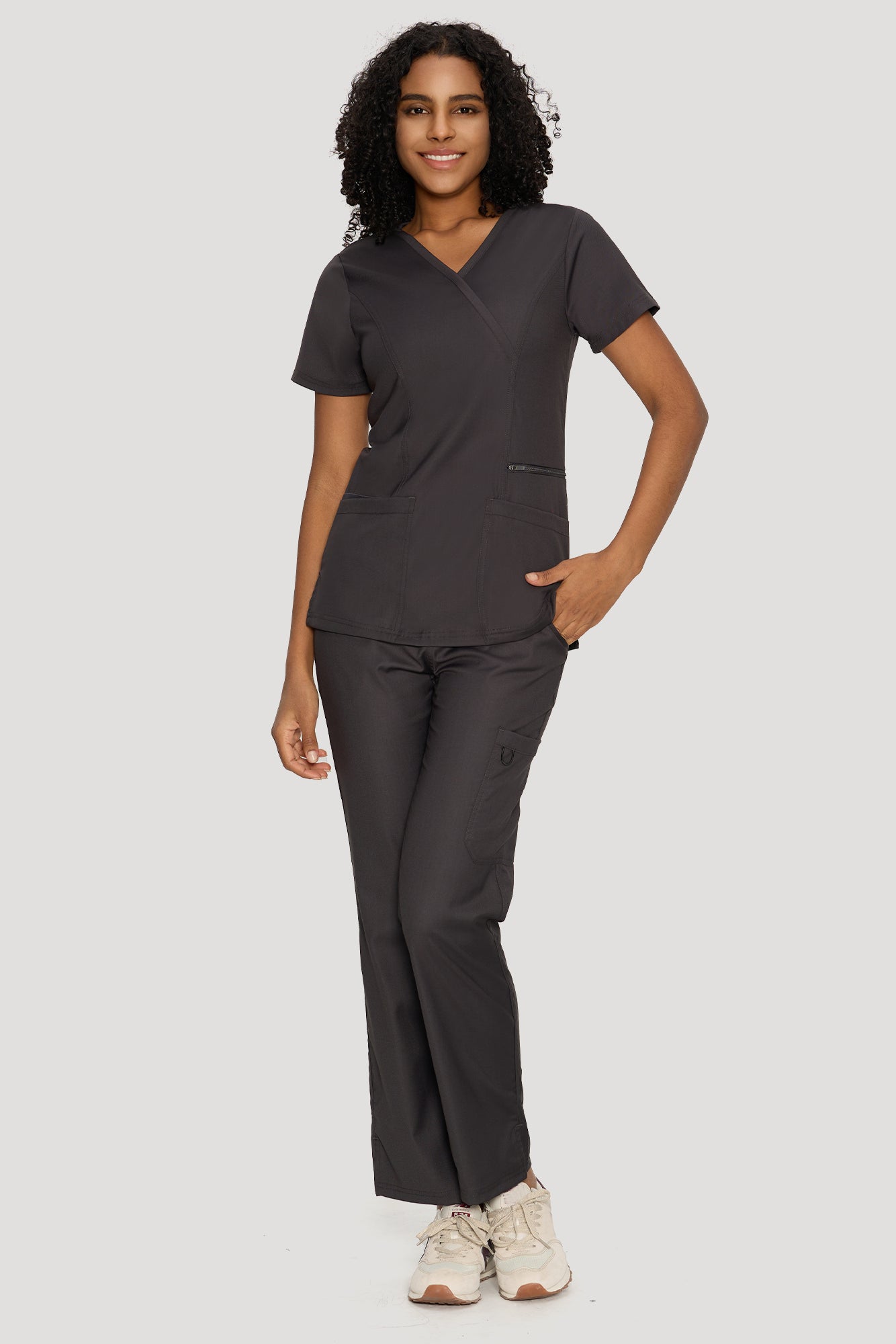 COZYFIT Mock Wrap Scrub Top & Straight Leg Pants with 6 Pockets