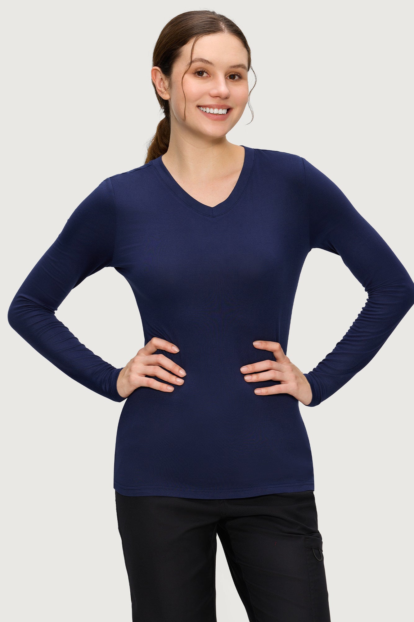 Women’s Underscrub Tee Comfort V-Neck Long Sleeve Undershirt with Soft & Easy Care Fabric