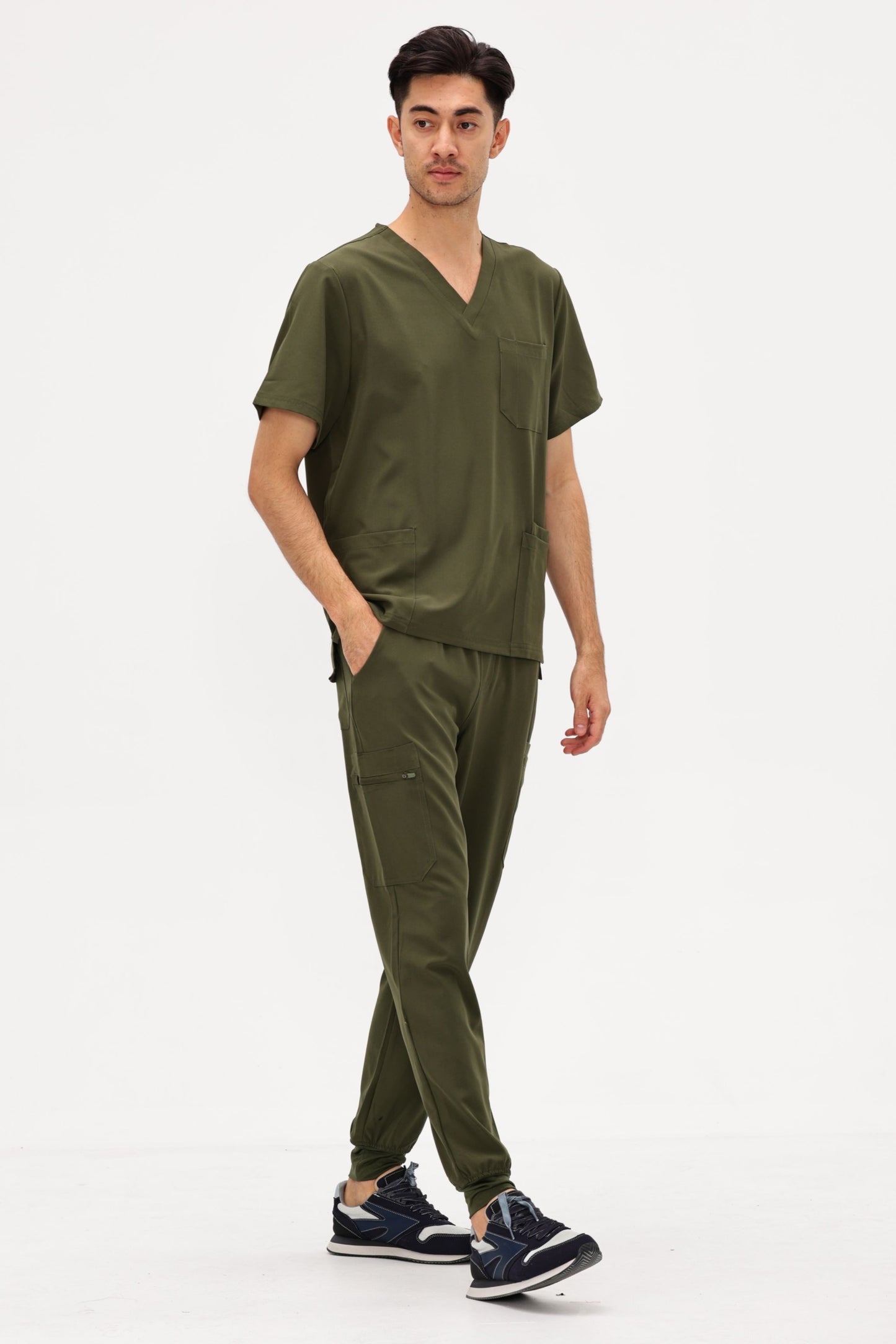 COZYFIT 4 Pockets V-Neck Scrub Top and 7 Pockets Jogger Pants Mens Scrubs Set