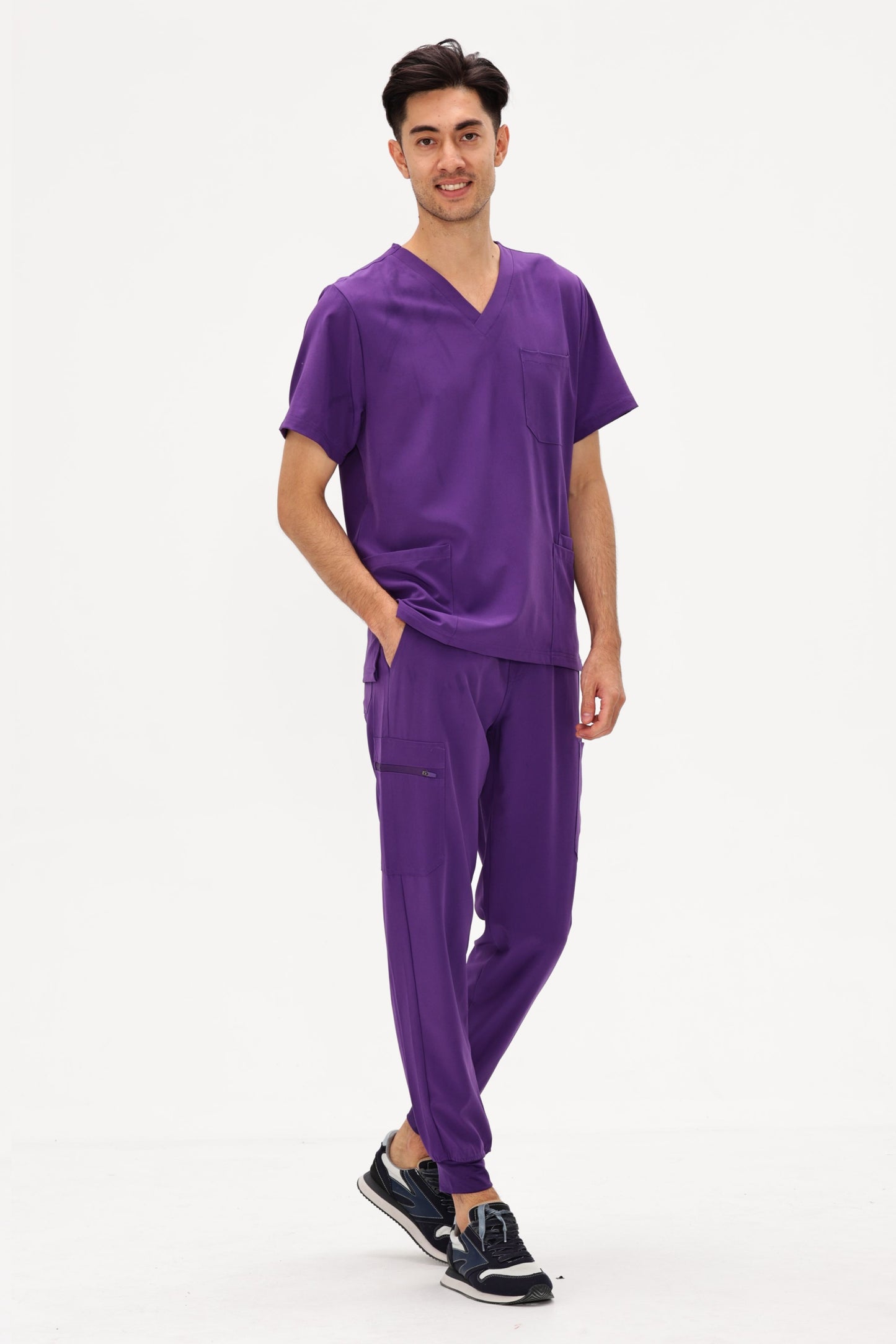 COZYFIT 4 Pockets V-Neck Scrub Top and 7 Pockets Jogger Pants Mens Scrubs Set