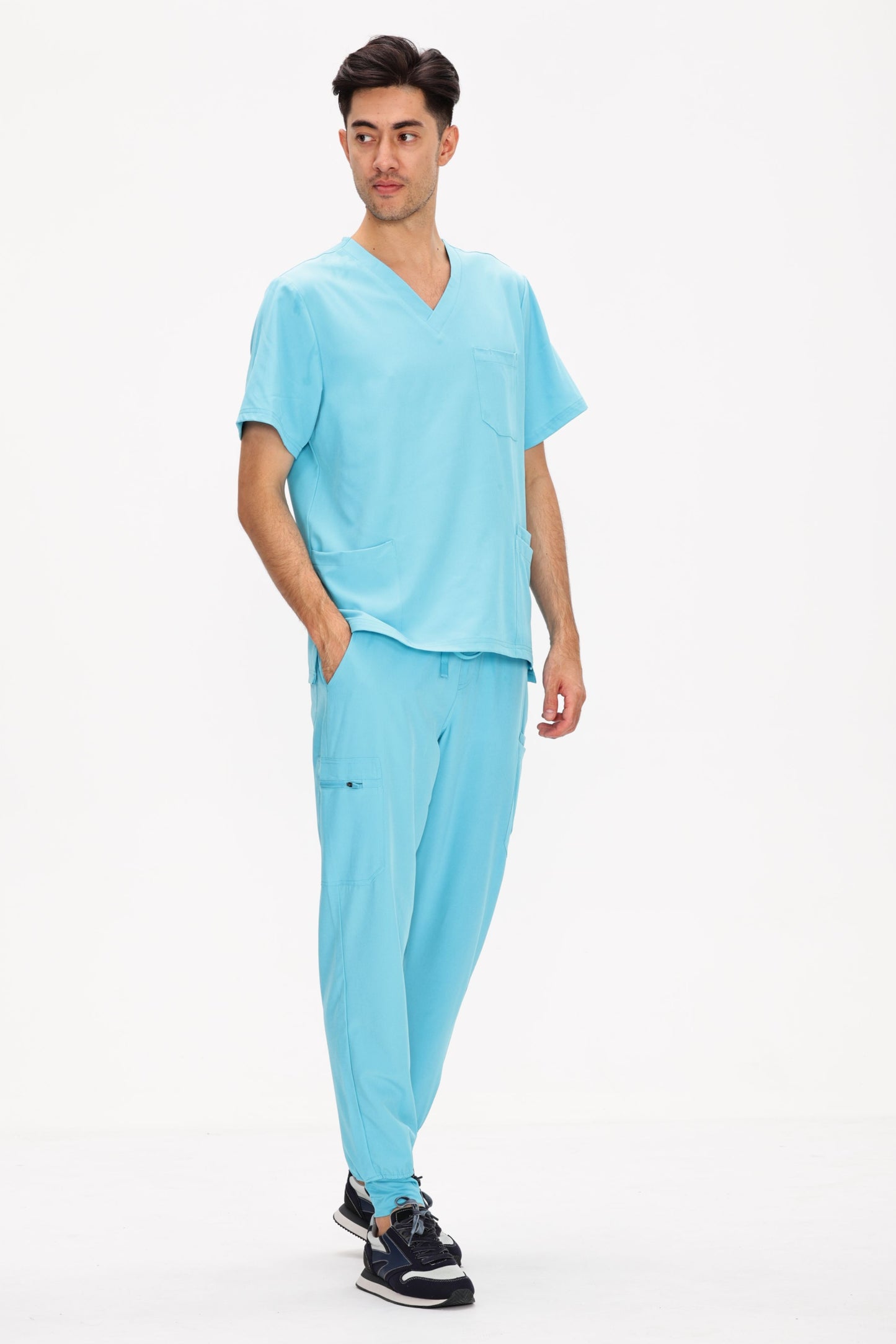 COZYFIT 4 Pockets V-Neck Scrub Top and 7 Pockets Jogger Pants Mens Scrubs Set