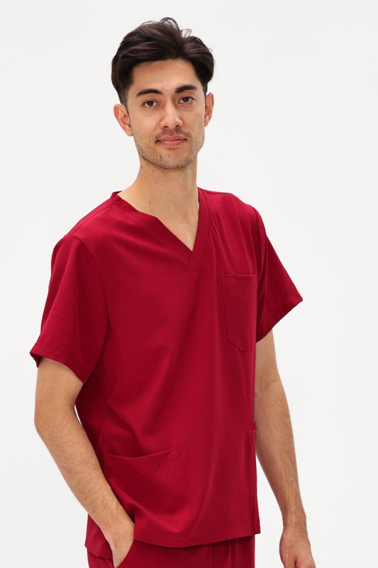 Men's 3-Pocket V-Neck Scrub Top, Burgundy, Model Three-Quarter View