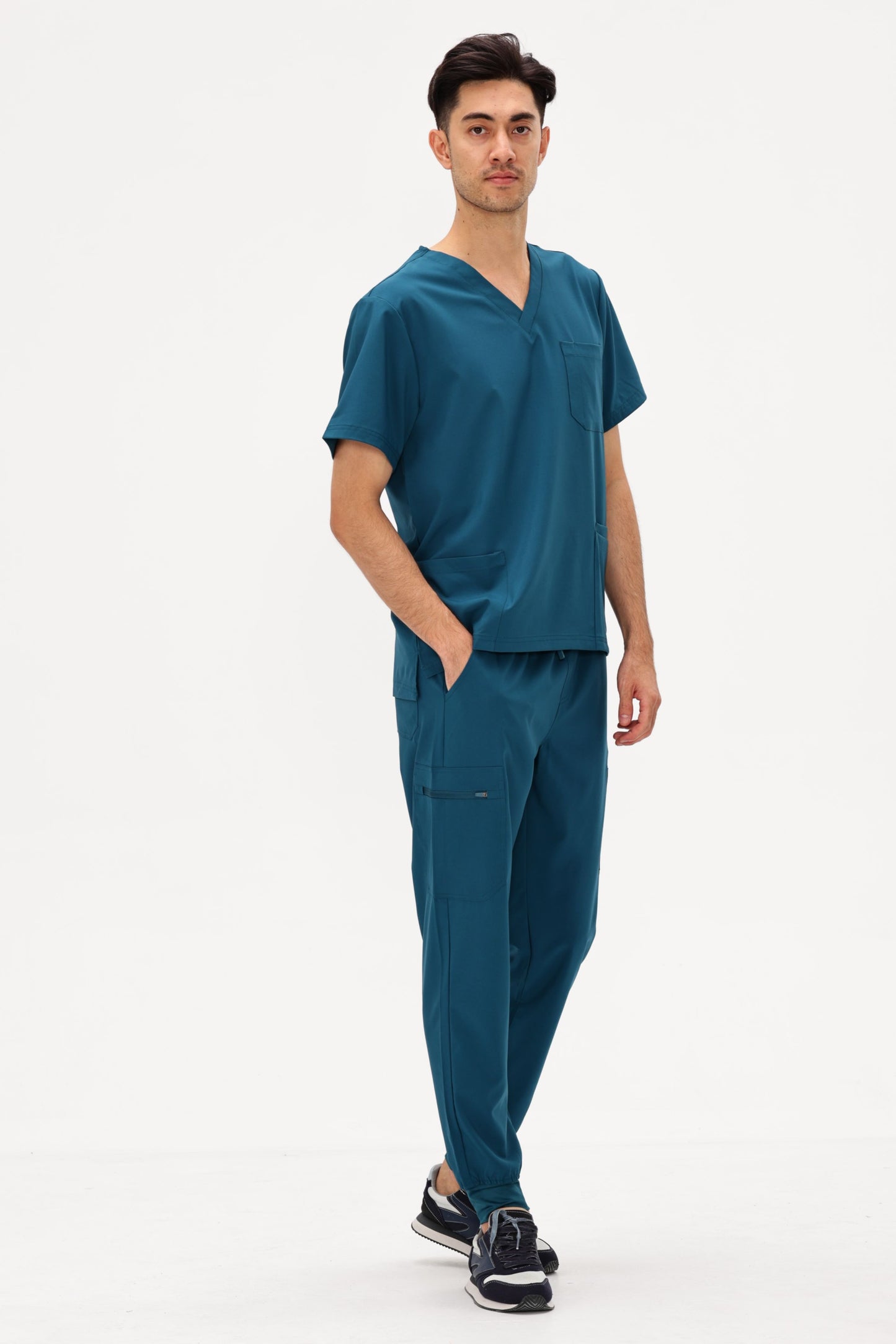 COZYFIT 4 Pockets V-Neck Scrub Top and 7 Pockets Jogger Pants Mens Scrubs Set