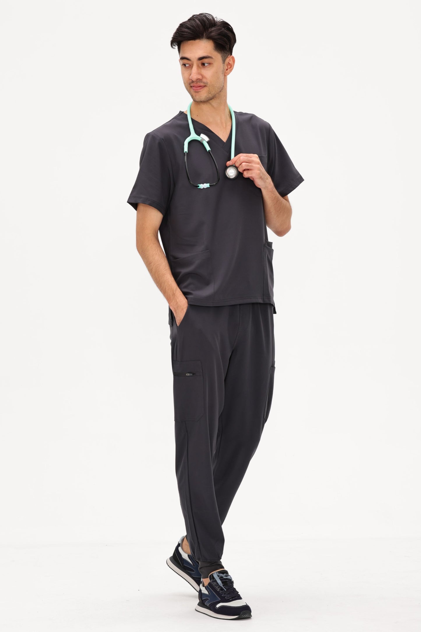 COZYFIT 4 Pockets V-Neck Scrub Top and 7 Pockets Jogger Pants Mens Scrubs Set
