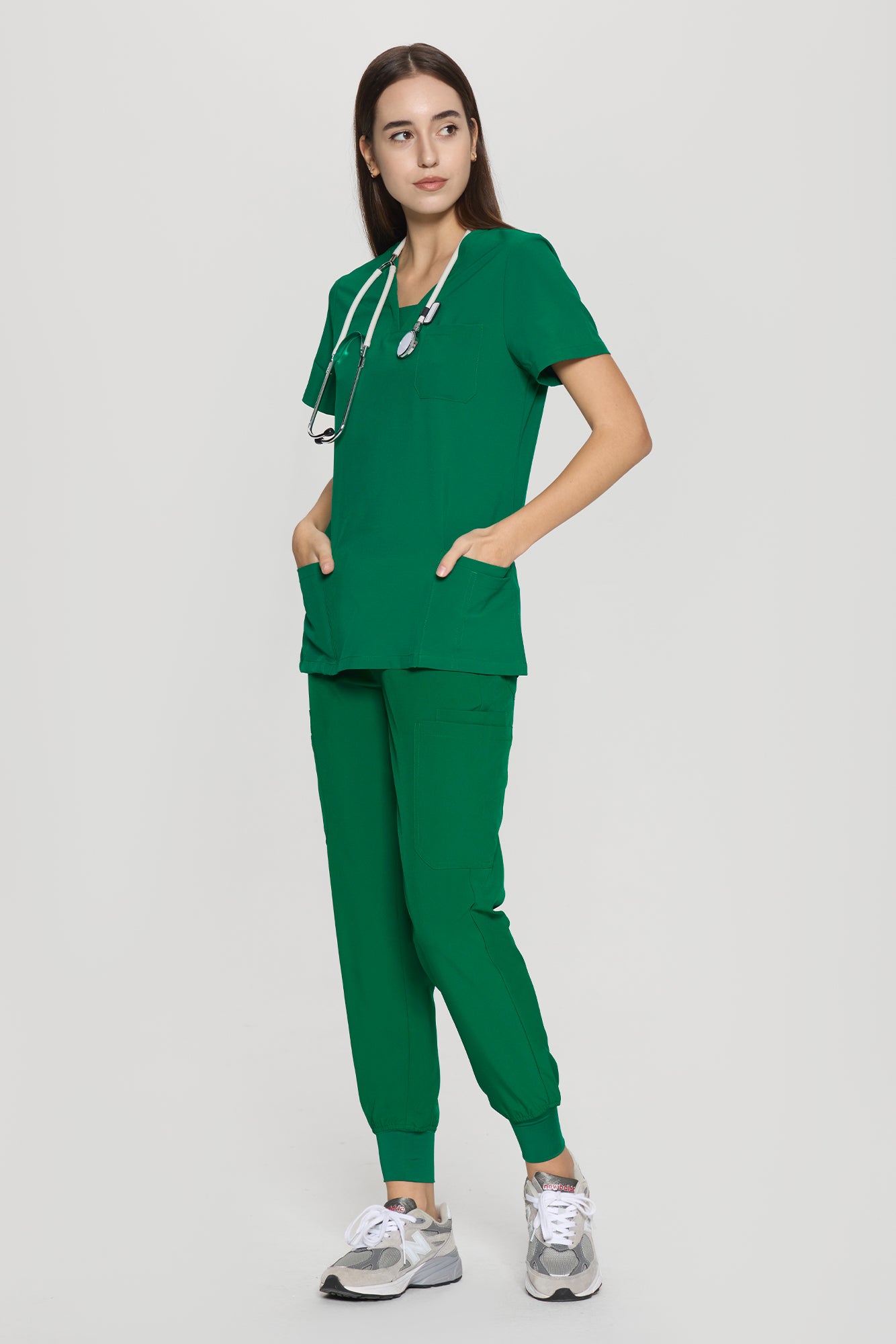 COZYFIT V-Neck Collar Patch Scrub Top & Cargo Pants with 10 Pockets