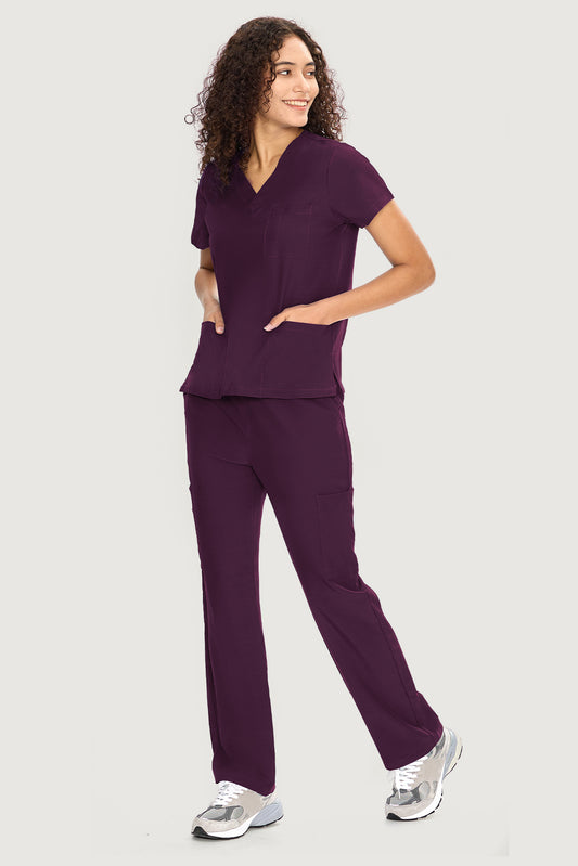 Women's 9-Pocket V-Neck Scrub Set, Dark Purple, Model Three-Quarter View