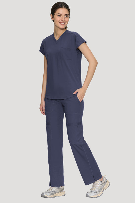 Women's 6-Pocket Scrub Set, Blue Grey, Full-Length Back View