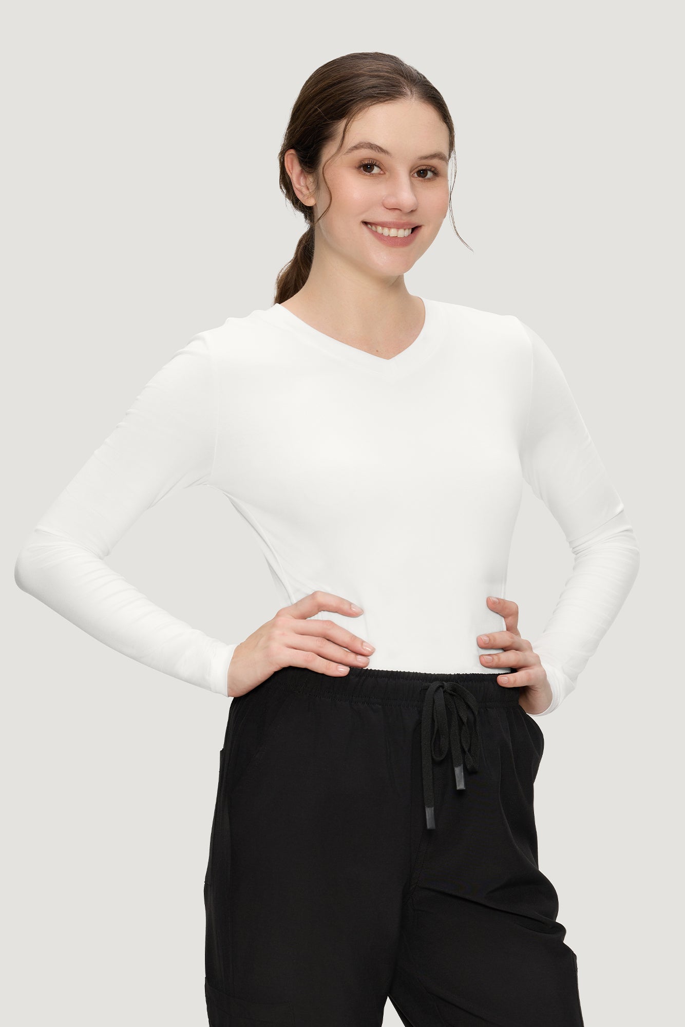 Women’s Underscrub Tee Comfort V-Neck Long Sleeve Undershirt with Soft & Easy Care Fabric