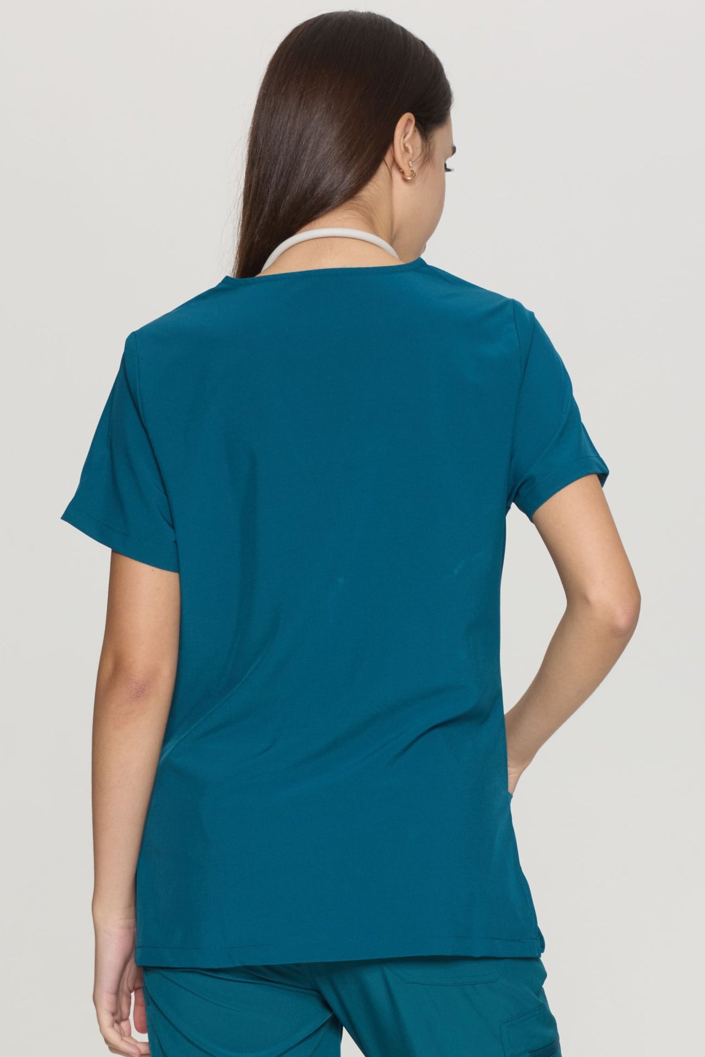 COZYFIT Slim Fit V-Neck Collar Patch Women Scrub Tops with 3 Pockets