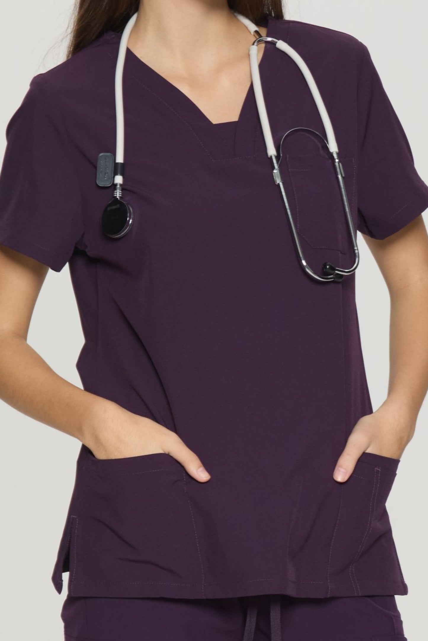 COZYFIT Slim Fit V-Neck Collar Patch Women Scrub Tops with 3 Pockets