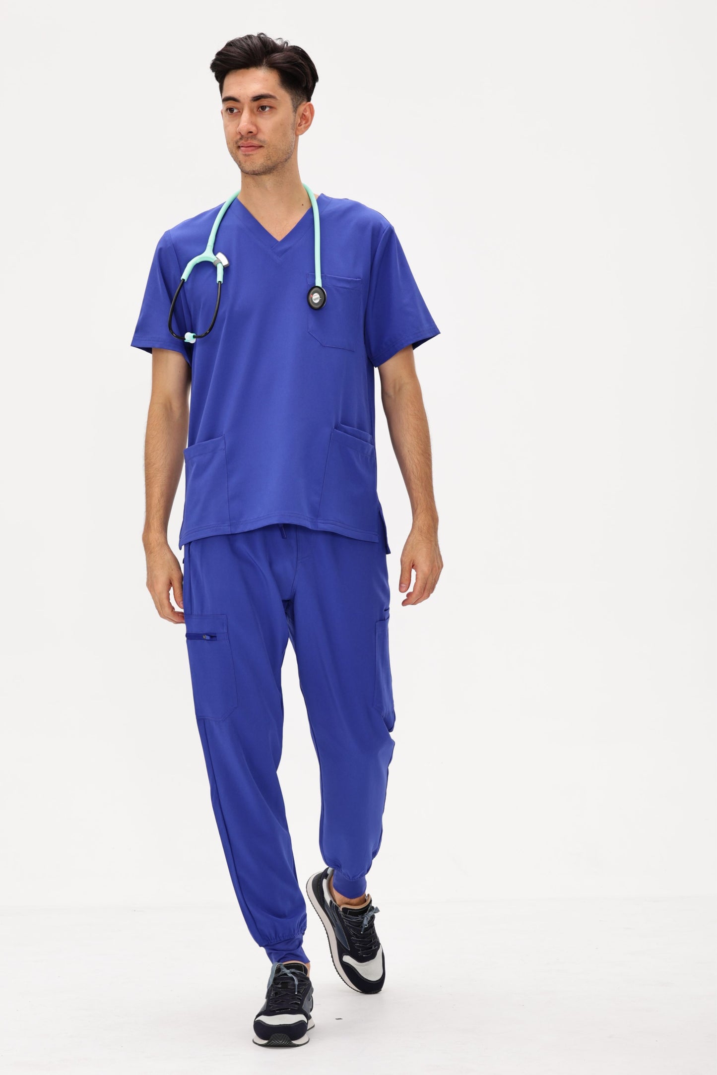 COZYFIT 4 Pockets V-Neck Scrub Top and 7 Pockets Jogger Pants Mens Scrubs Set