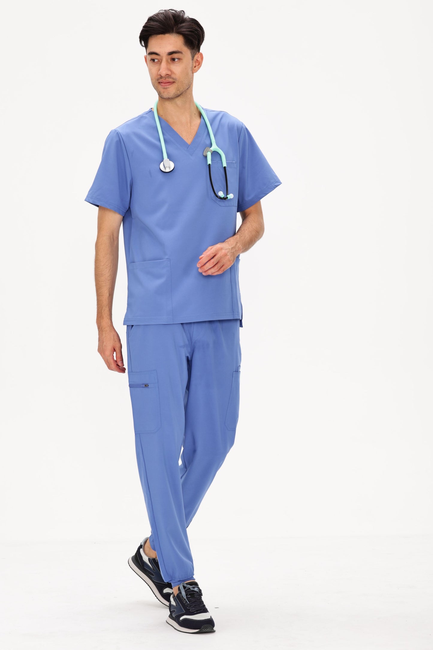 COZYFIT 4 Pockets V-Neck Scrub Top and 7 Pockets Jogger Pants Mens Scrubs Set