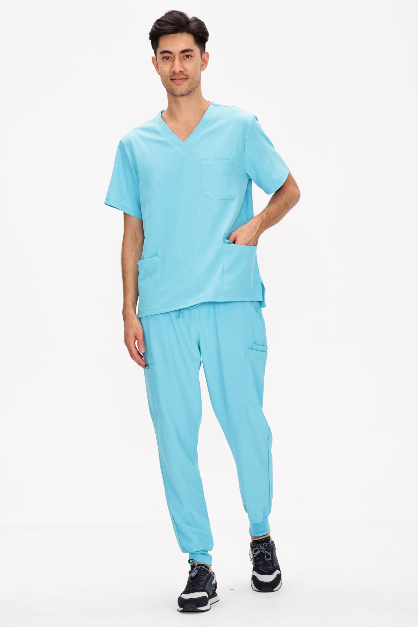 COZYFIT 4 Pockets V-Neck Scrub Top and 7 Pockets Jogger Pants Mens Scrubs Set