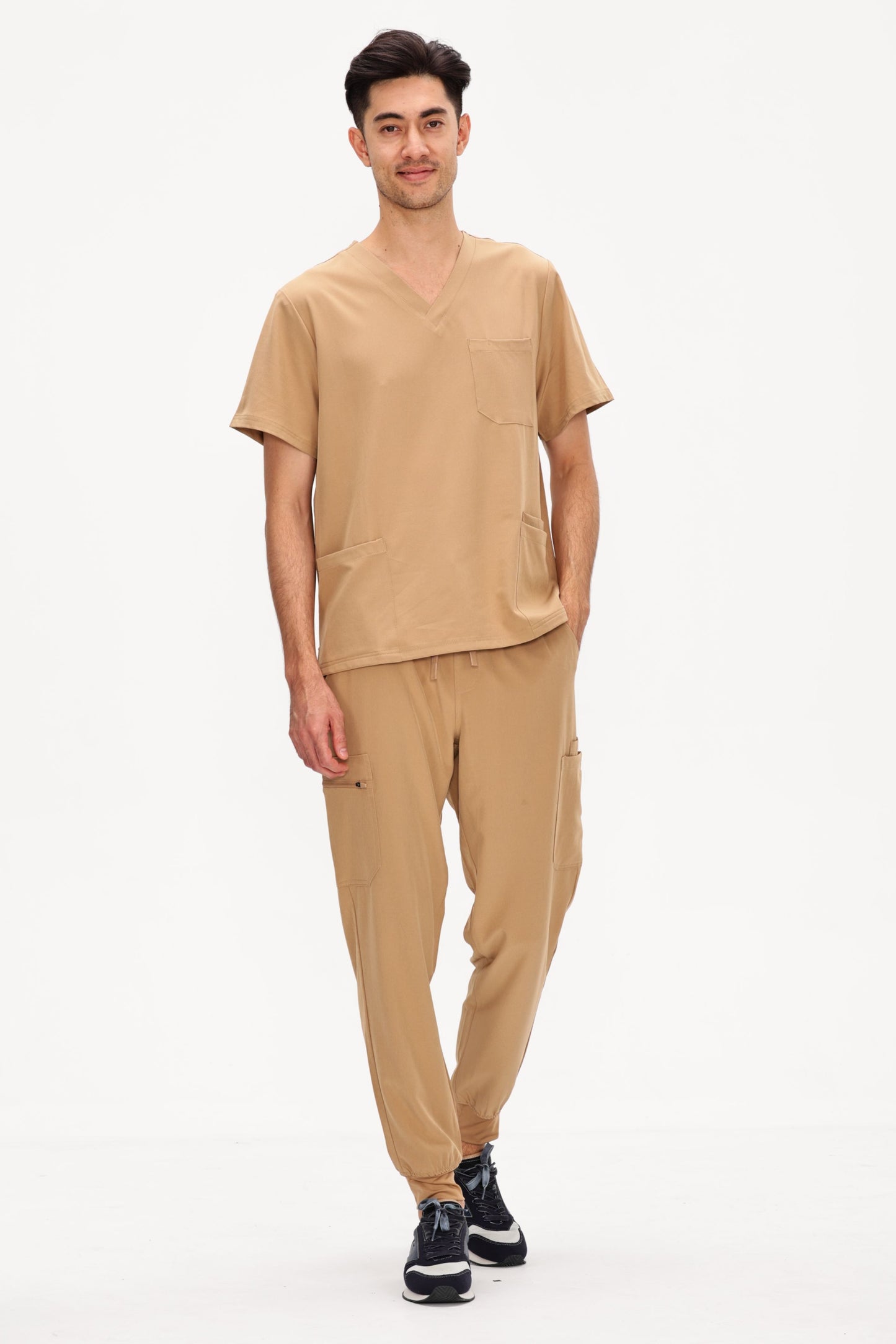 COZYFIT 4 Pockets V-Neck Scrub Top and 7 Pockets Jogger Pants Mens Scrubs Set