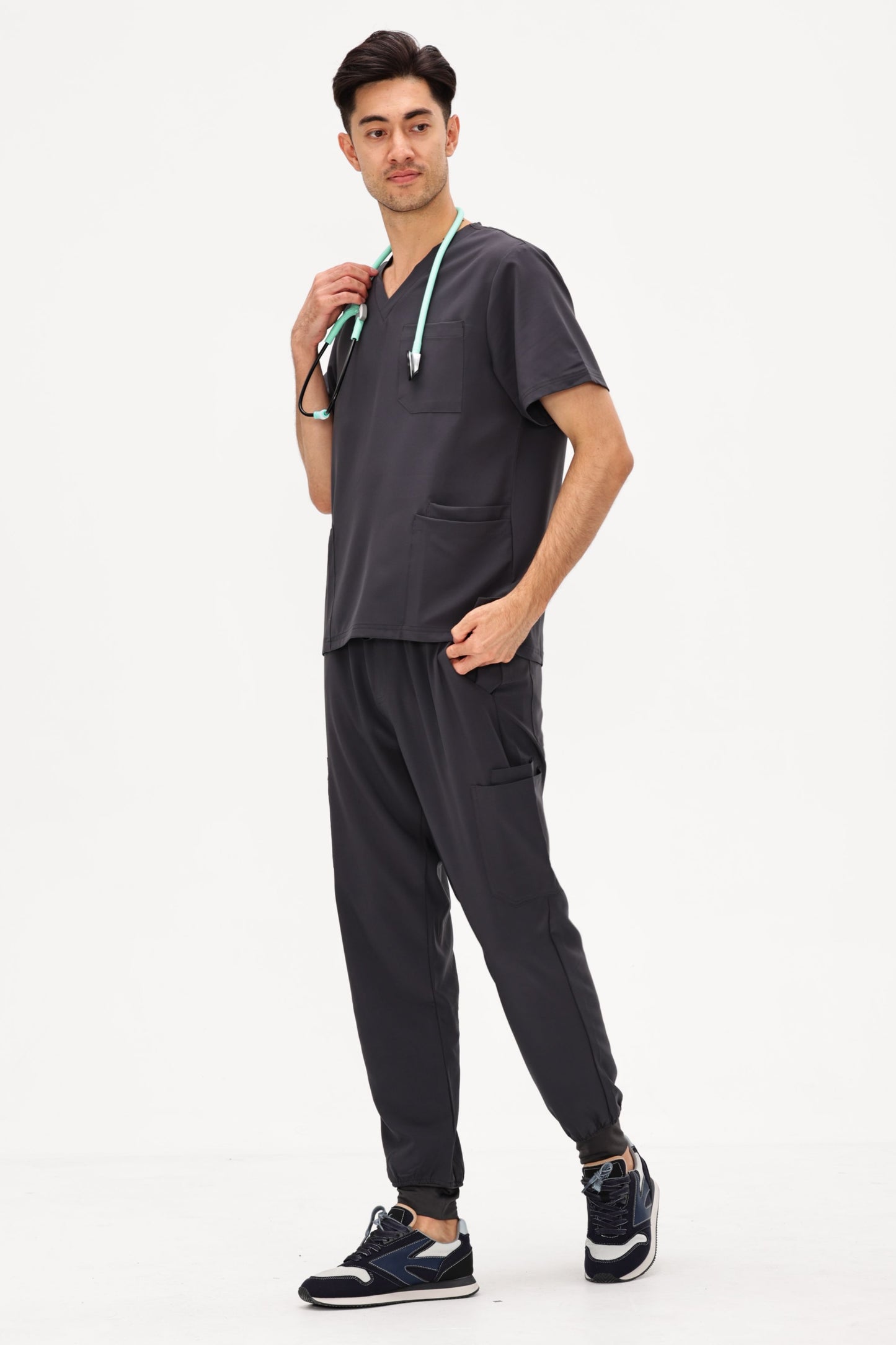 COZYFIT 4 Pockets V-Neck Scrub Top and 7 Pockets Jogger Pants Mens Scrubs Set