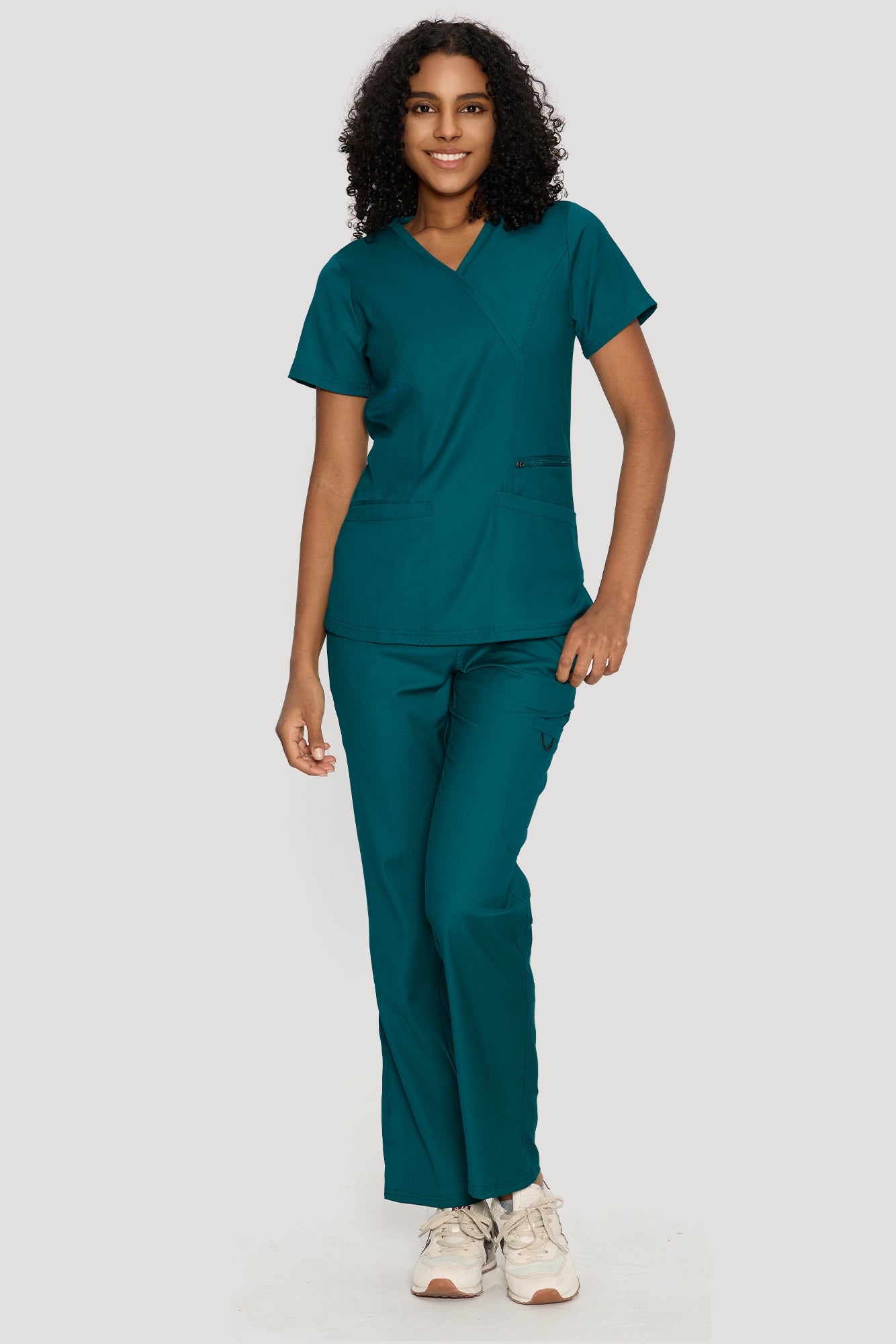 Women's 6-Pocket Mock Wrap Scrub Set, Caribbean Blue, Model Front View