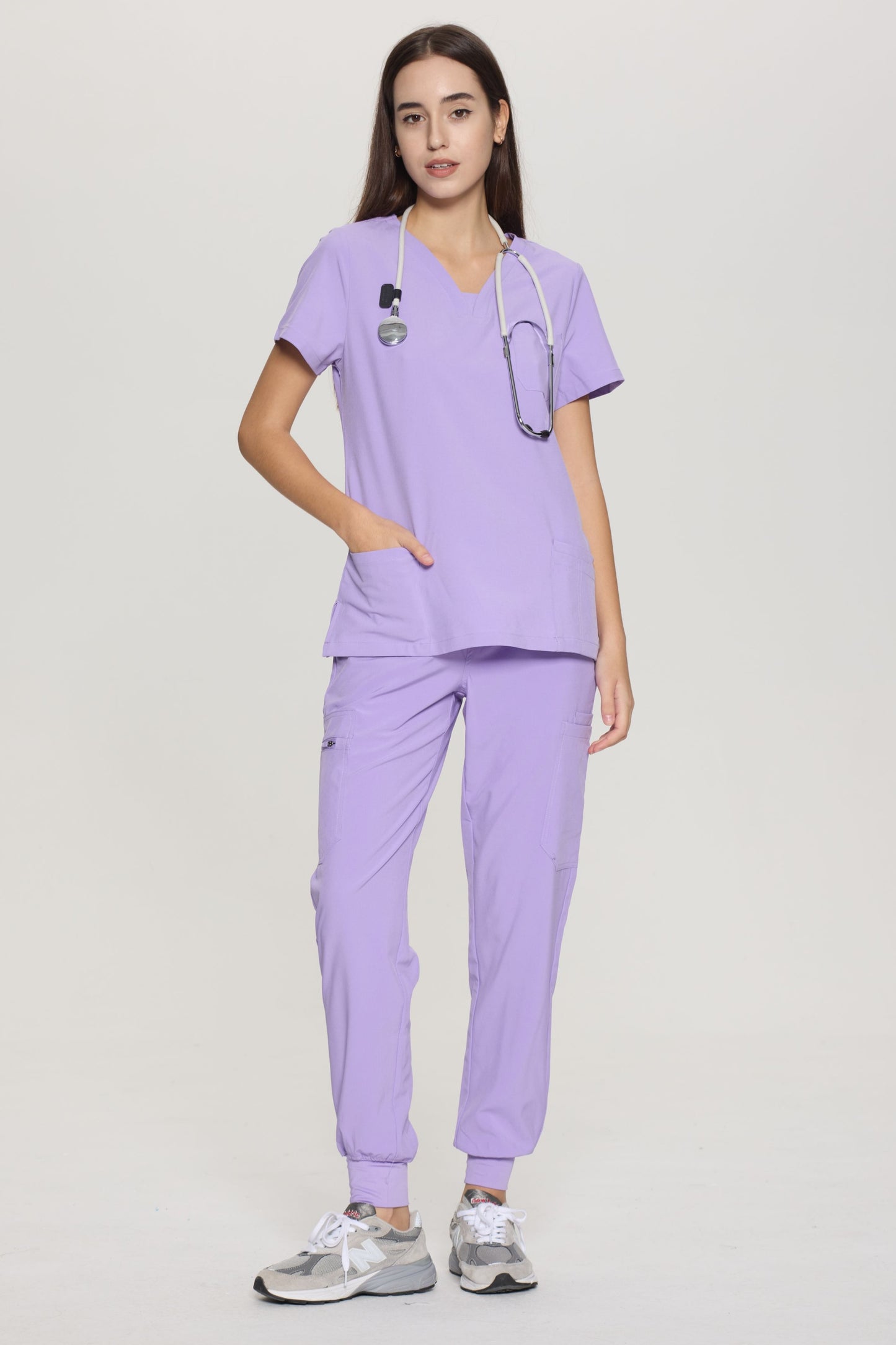 COZYFIT V-Neck Collar Patch Scrub Top & Cargo Pants with 10 Pockets