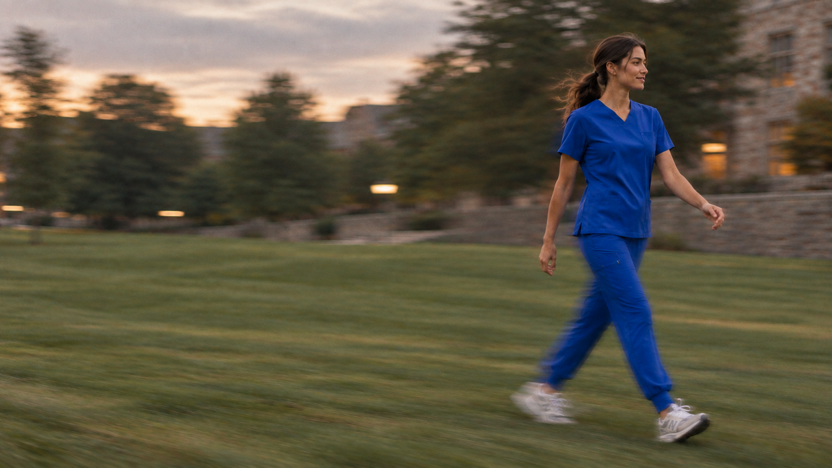 Healthcare professional in a royal-blue Luna scrub set walking across a lawn with natural motion blur