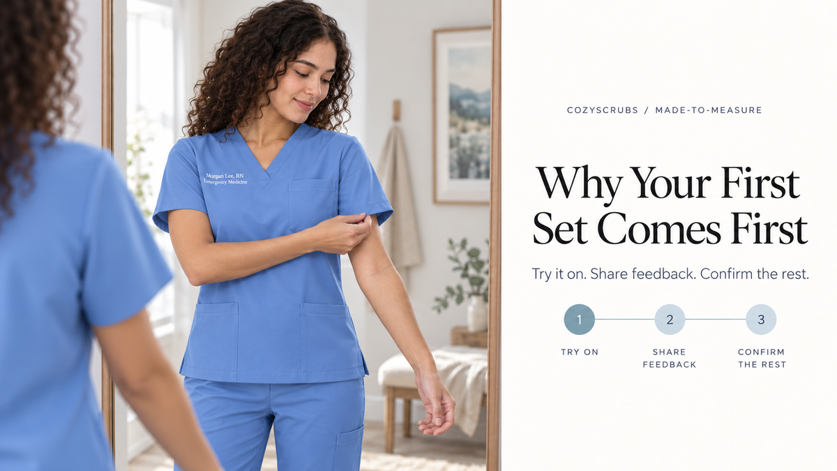 Illustrative mirror try-on of a healthcare professional in blue scrubs with sample name embroidery.