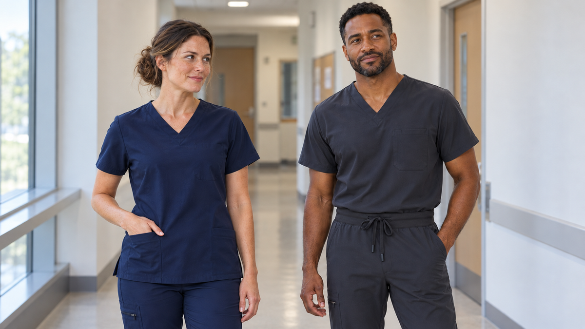 A woman in navy scrubs wearing her top untucked beside a man in charcoal scrubs wearing his top tucked in.