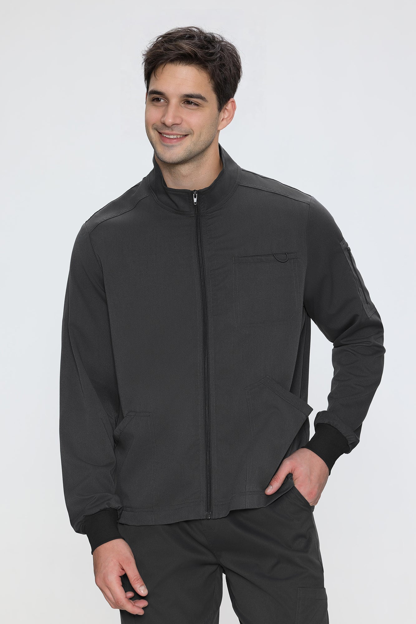 Men's 5-Pocket Zip-Front Scrub Jacket, Dark Grey, Three-Quarter View
