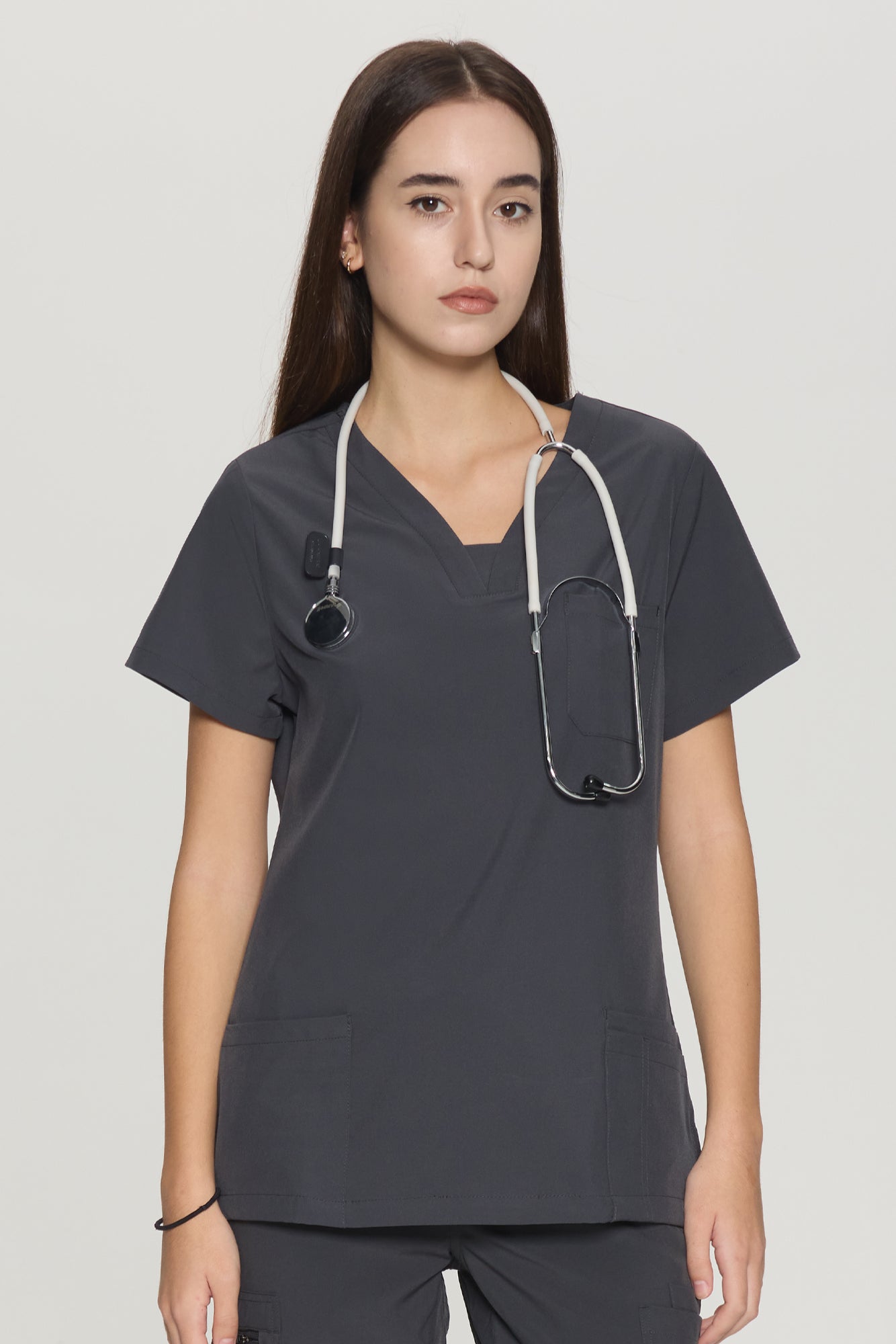 COZYFIT Slim Fit V-Neck Collar Patch Women Scrub Tops with 3 Pockets