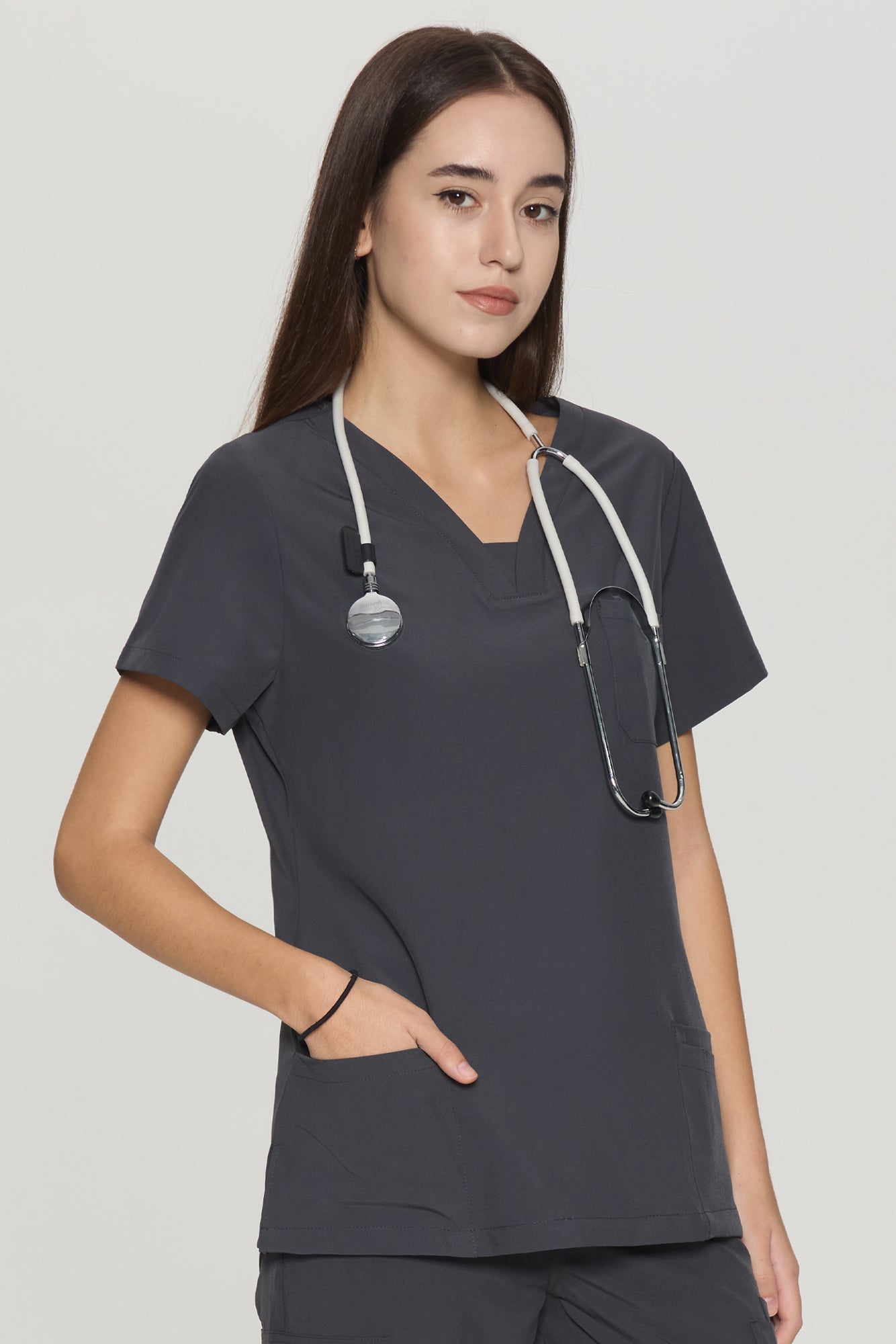 COZYFIT Slim Fit V-Neck Collar Patch Women Scrub Tops with 3 Pockets
