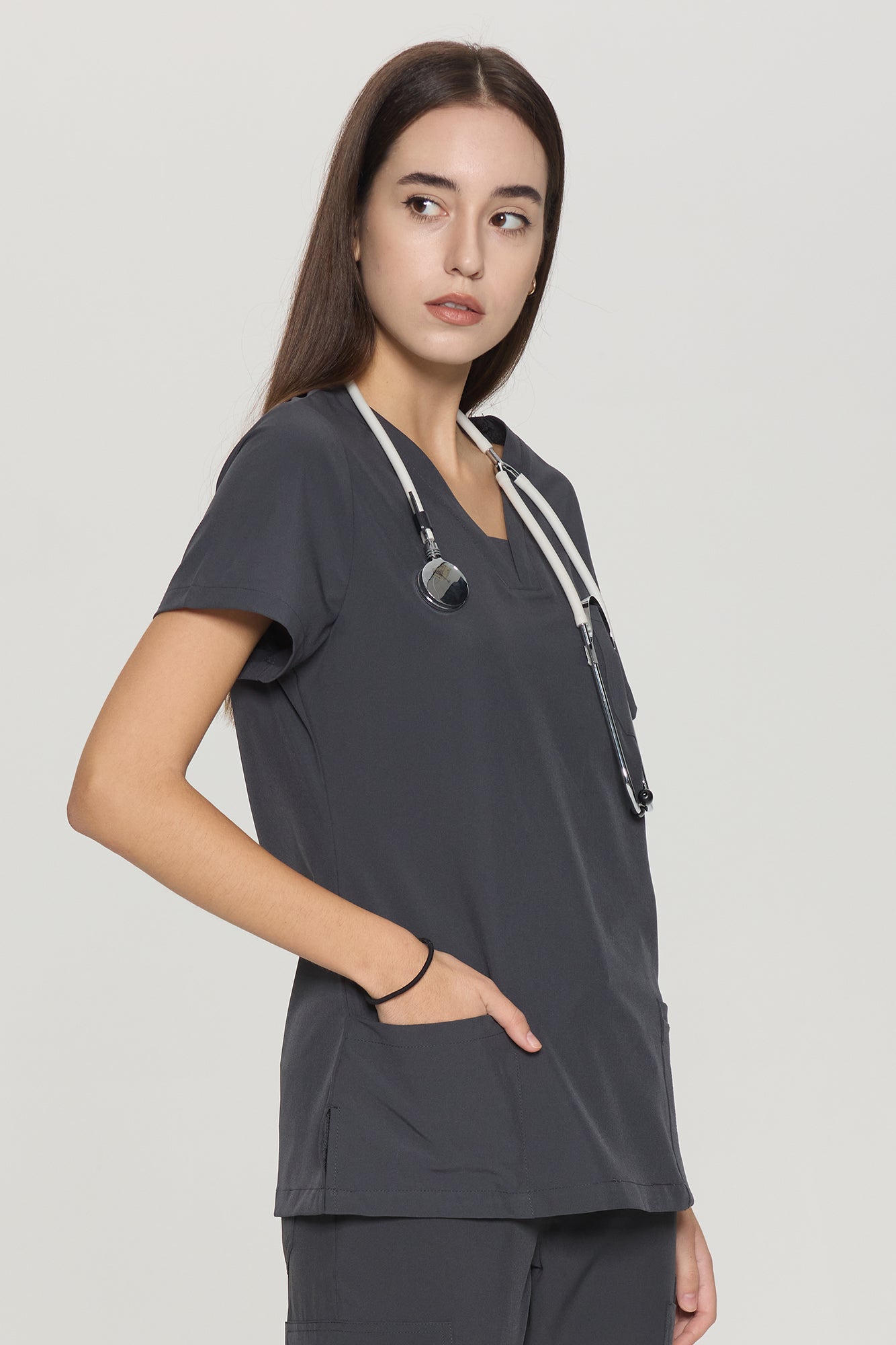 COZYFIT Slim Fit V-Neck Collar Patch Women Scrub Tops with 3 Pockets