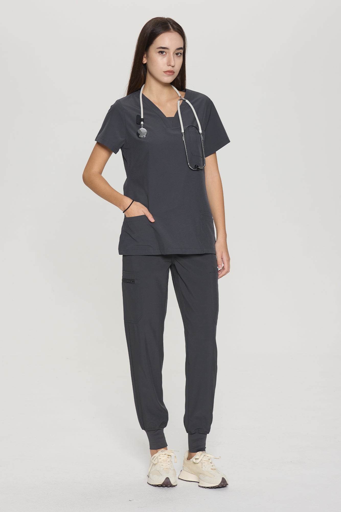 COZYFIT Slim Fit V-Neck Collar Patch Women Scrub Tops with 3 Pockets
