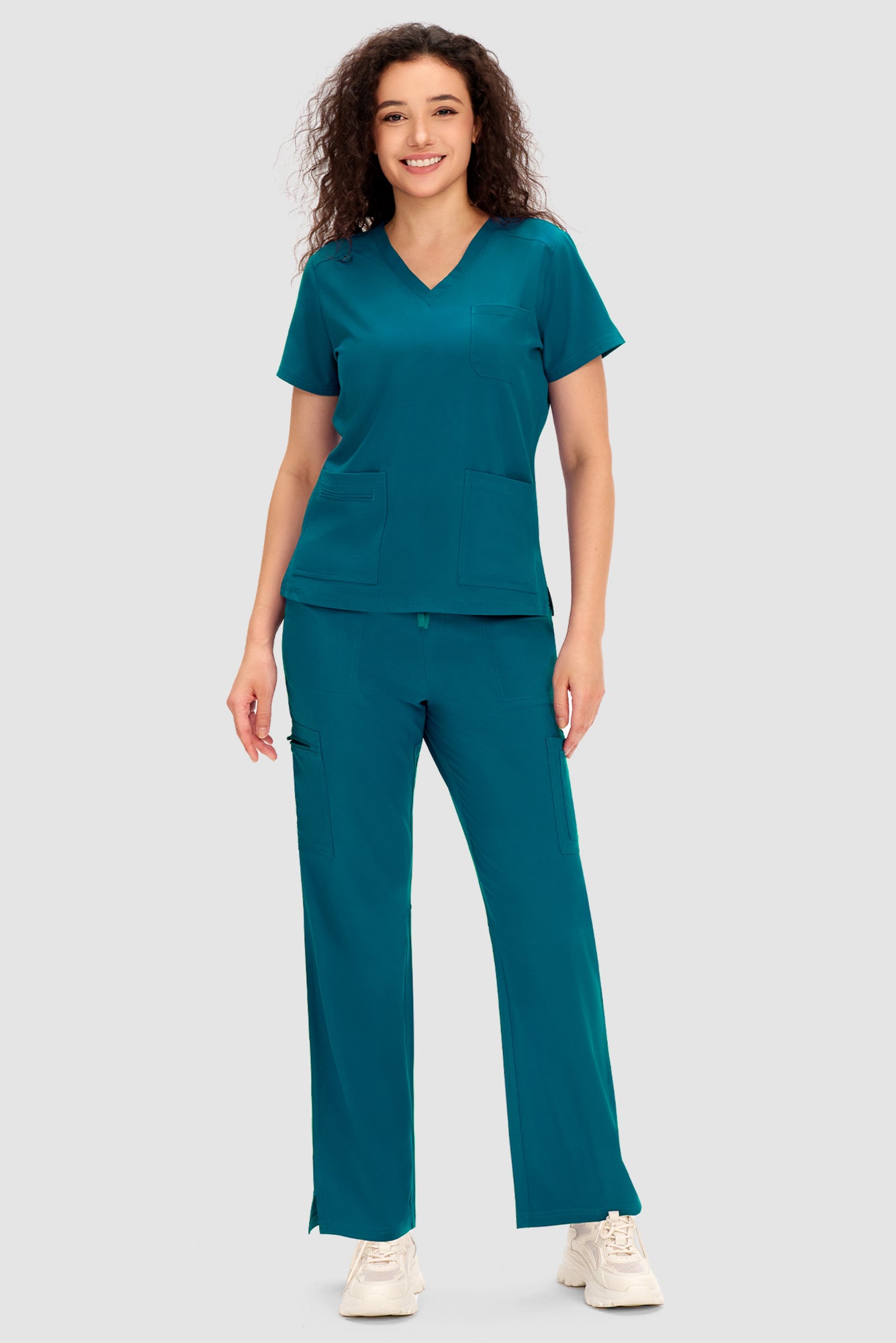 COZYFIT Scrubs for Women - V Neck Top and Bootcut Cargo Straight Pants with 12 Pockets