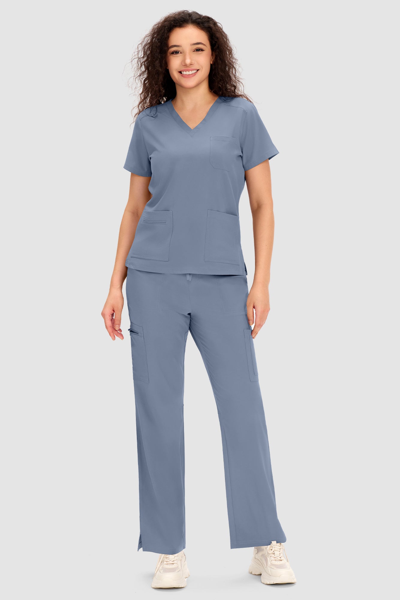 COZYFIT Scrubs for Women - V Neck Top and Bootcut Cargo Straight Pants with 12 Pockets