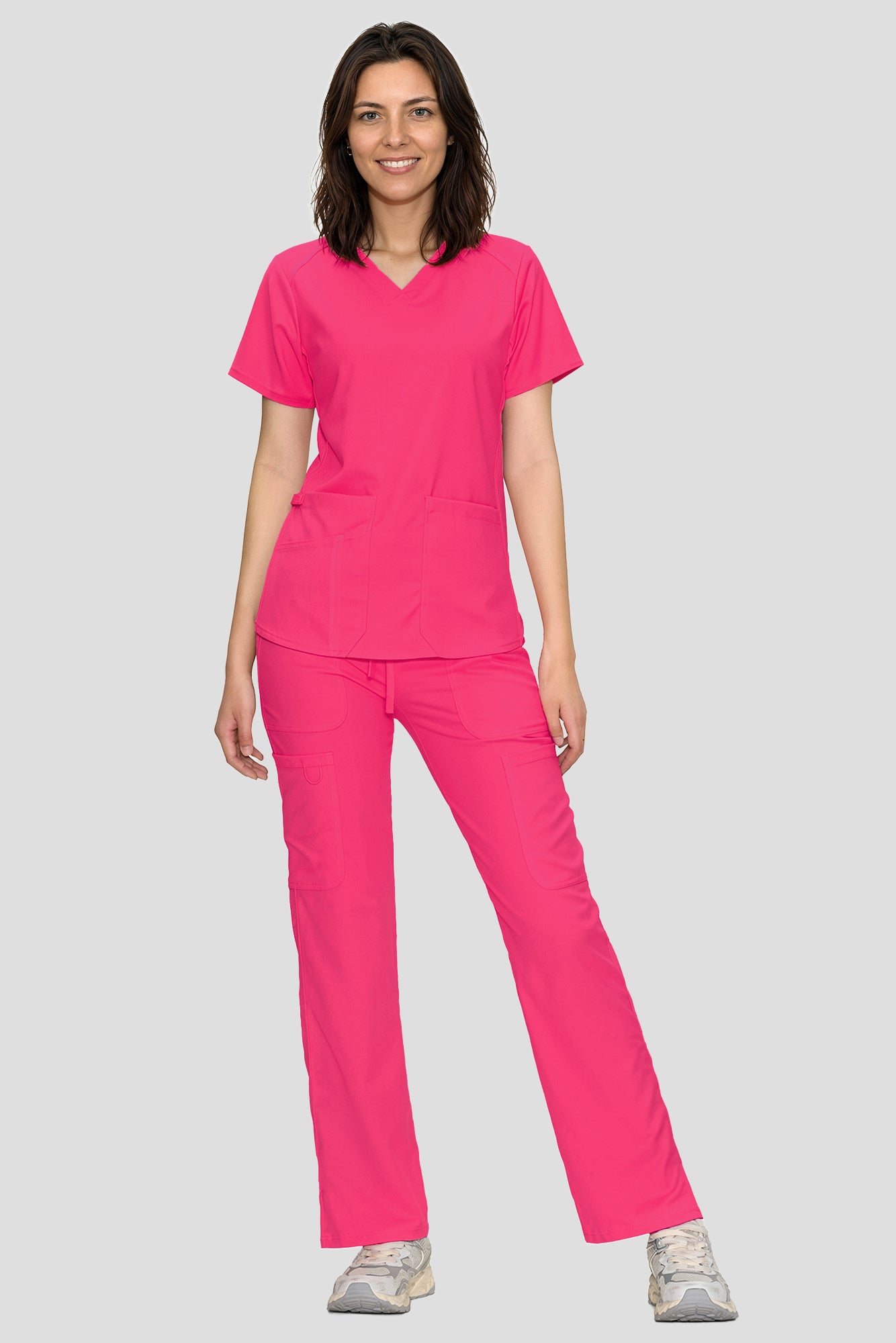 Scrubs for Women Set, V-Neck Top & Straight Leg Cargo Pants. 9 Pockets. Side Ribbed Panels, Side Slits, Ultra-Soft Stretch Fabric, Breathable Medical Uniform for Workwear