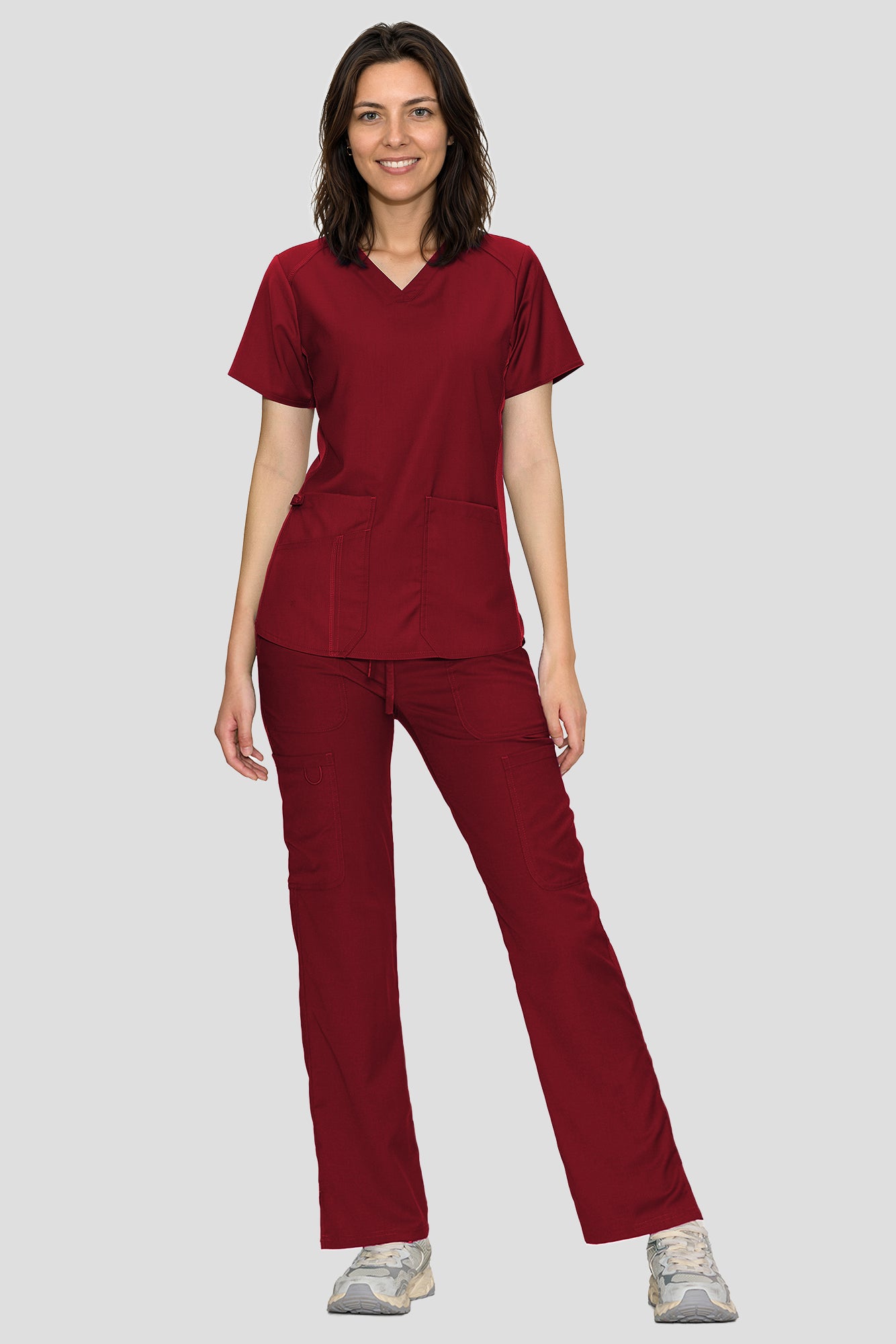 Scrubs for Women Set, V-Neck Top & Straight Leg Cargo Pants. 9 Pockets. Side Ribbed Panels, Side Slits, Ultra-Soft Stretch Fabric, Breathable Medical Uniform for Workwear
