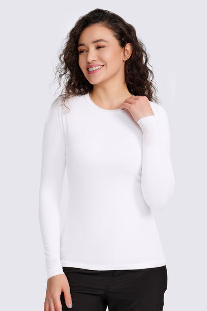 Women's 3-Pack Long-Sleeve Underscrub Top, White, Model Front View