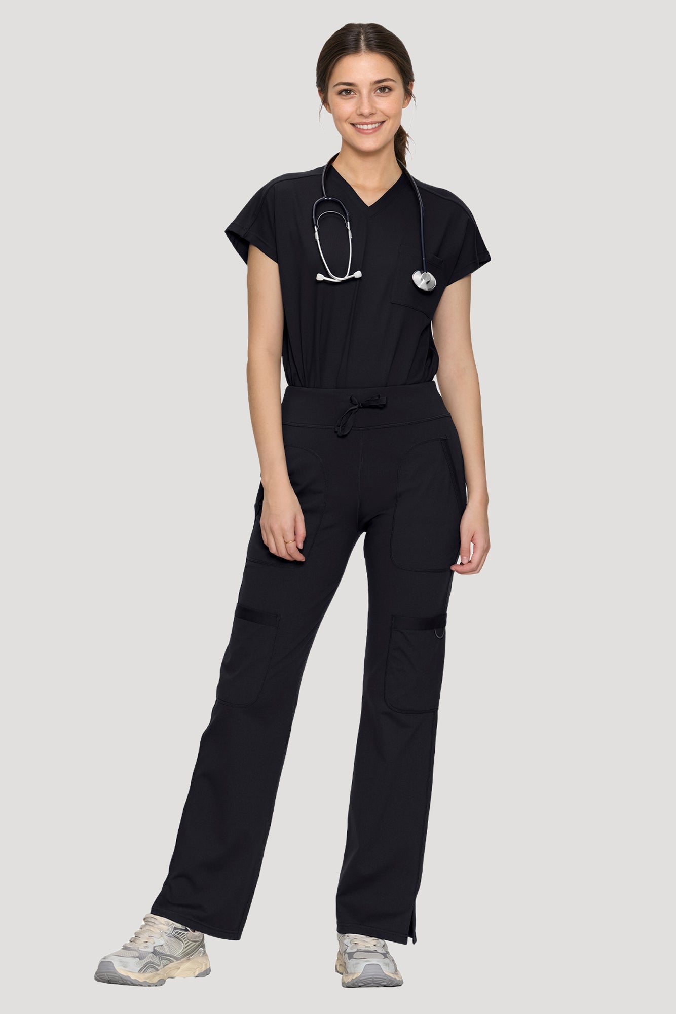 Scrubs for Women Set, V Neck Top & Straight Leg Pants | 6 Pockets, High Elastic Soft Fabric, Drop Shoulder, Slit Hem Yoga Scrub Pants for Easy Movement