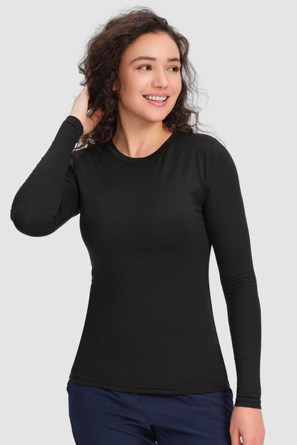 Women's Long-Sleeve Crew-Neck Underscrub Top, Black, Model Three-Quarter View