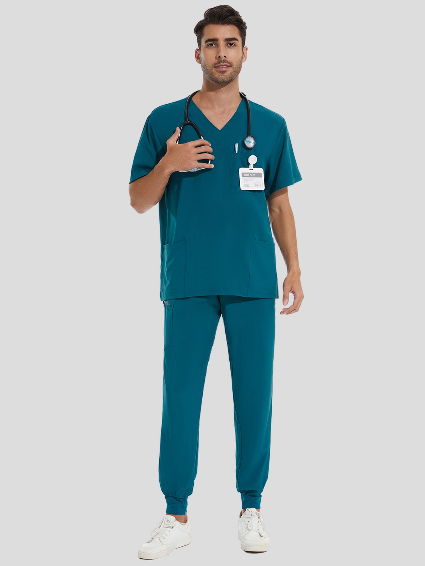 COZYFIT V-Neck Scrub Top & Jogger Pant with 8 Pockets, Yoga Waistband, Anti-Wrinkle Scrubs for Men