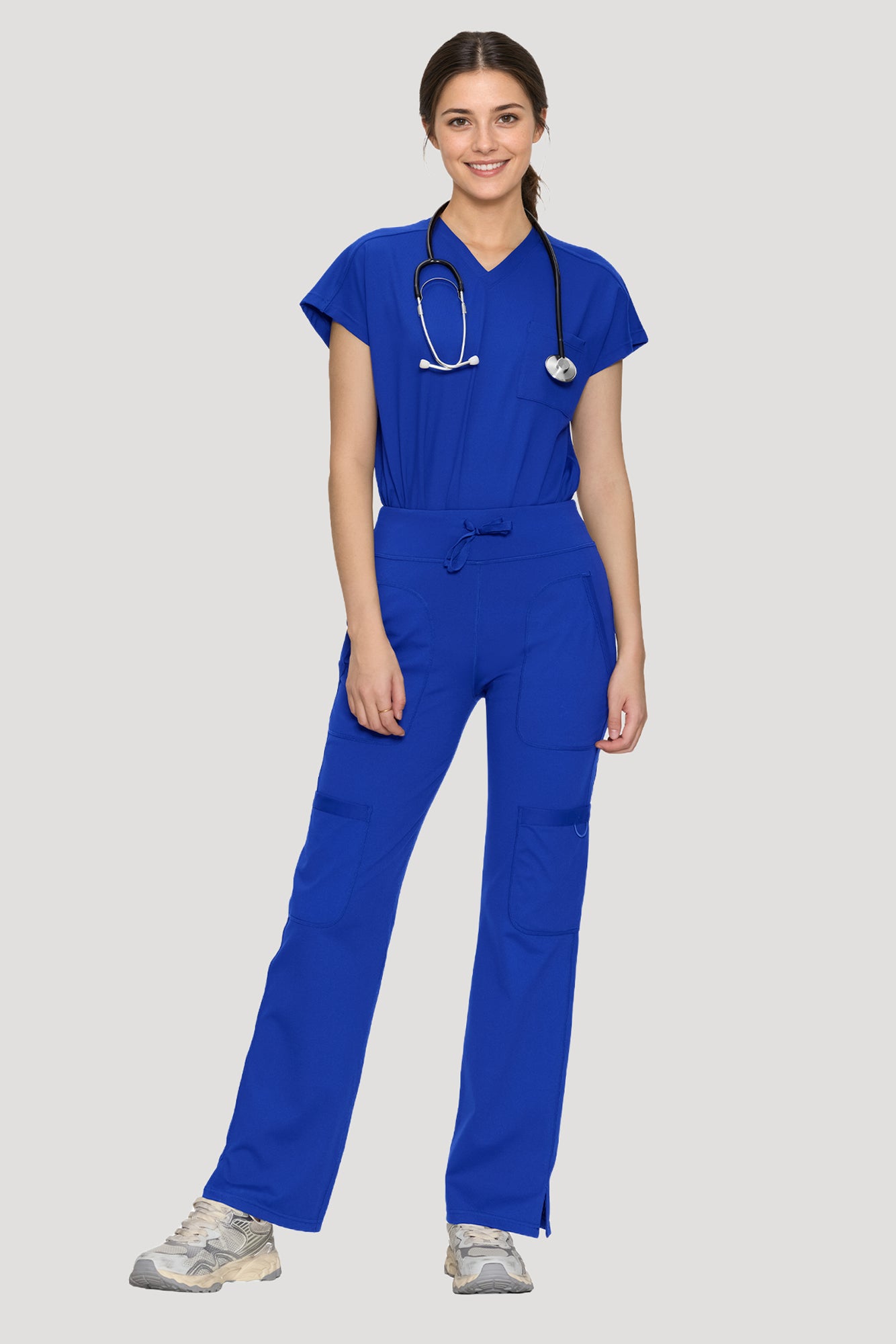 Scrubs for Women Set, V Neck Top & Straight Leg Pants | 6 Pockets, High Elastic Soft Fabric, Drop Shoulder, Slit Hem Yoga Scrub Pants for Easy Movement