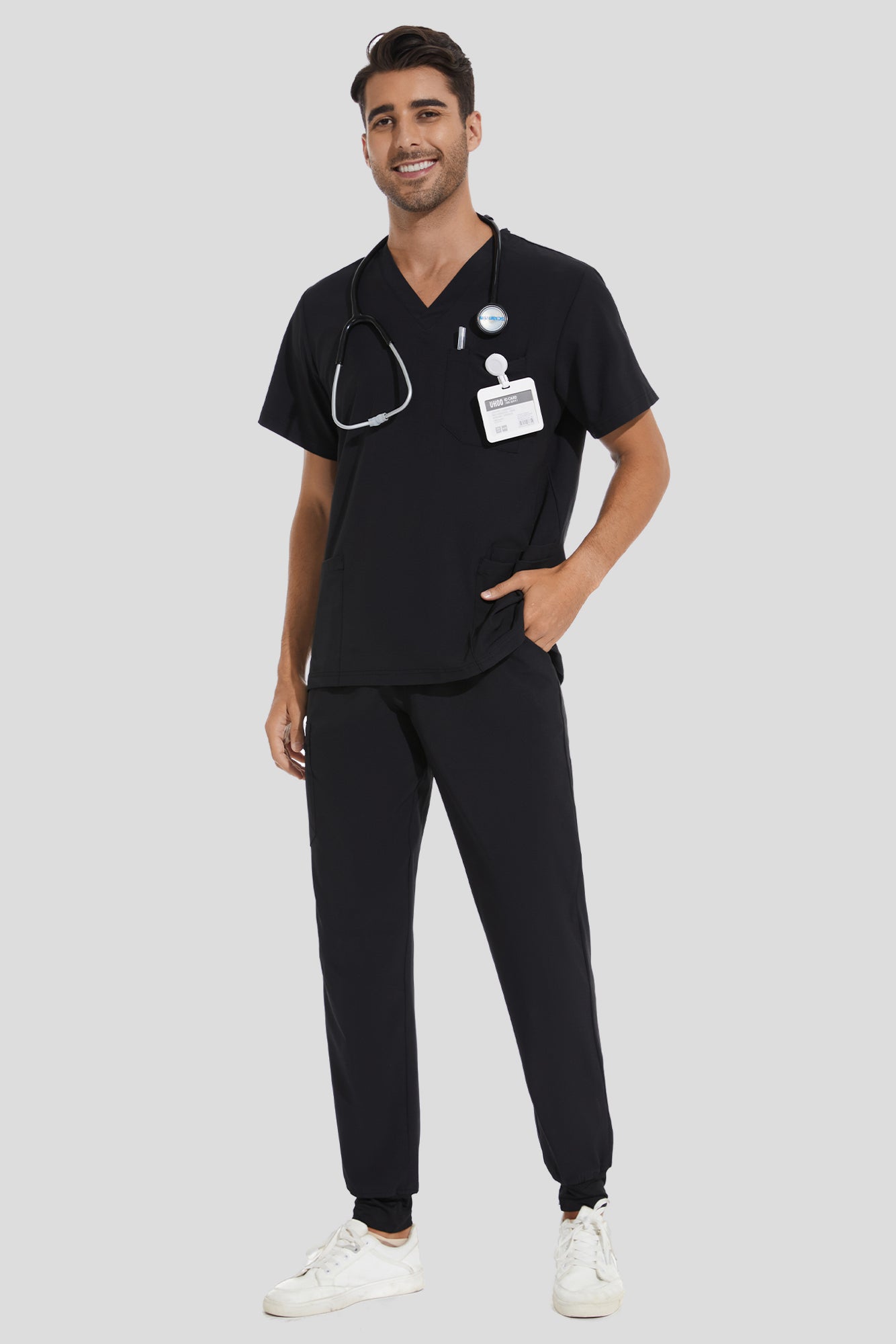 COZYFIT V-Neck Scrub Top & Jogger Pant with 8 Pockets, Yoga Waistband, Anti-Wrinkle Scrubs for Men