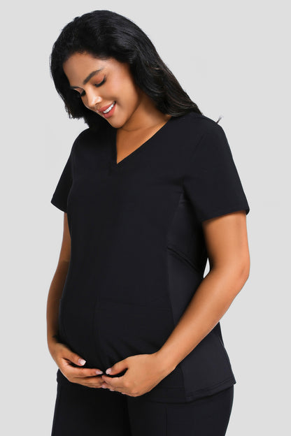 Women's Maternity V-Neck Scrub Top, Black, Model Three-Quarter View