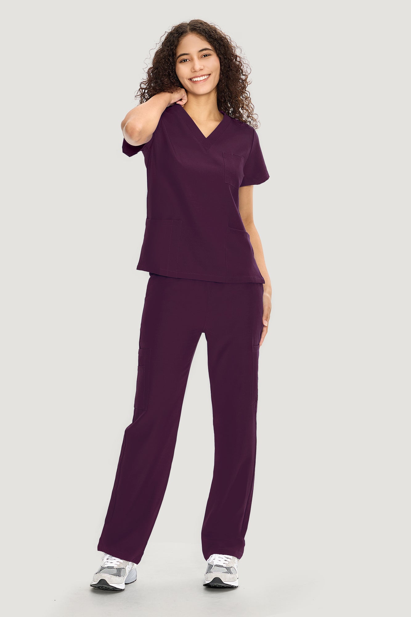 COZYFIT  V-Neck Scrub Top & Straight Leg Pants with 9 Pockets