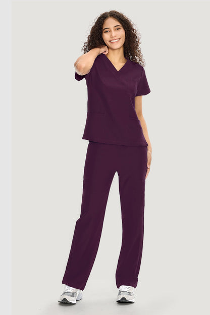 Women's 9-Pocket V-Neck Scrub Set, Dark Purple, Model Front View